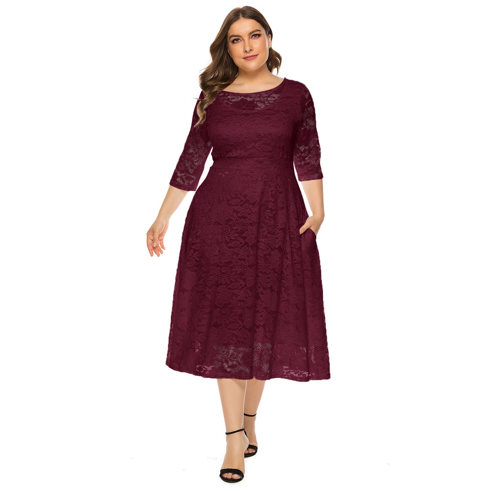 Plus Size Vintage Lace 3/4 Sleeve Midi Swing Dress for Women - Elegant Evening Party, Cocktail, Wedding & Bridesmaid Occasions - Perfect for Formal Events, Date Nights and Special Celebrations