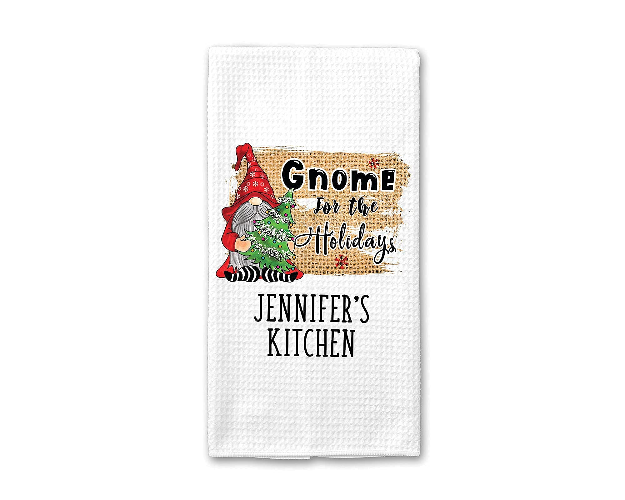Custom Holiday Gnome Towel | Personalized Christmas Waffle Weave Dish Towel | Kitchen Towel Set | Housewarming & Christmas Gift for Women | Perfect for Holiday Decor & Kitchen Use