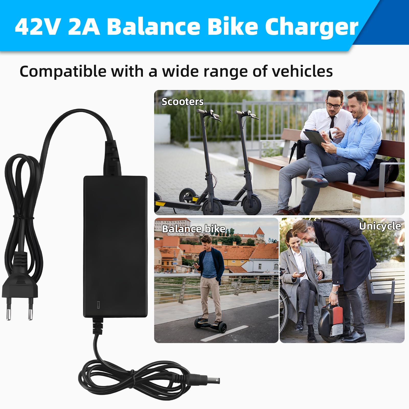 Tacilin 42V 2A Universal Electric Scooter Charger - Compatible with E-Bike, Hoverboard & Balance Bike - Includes 6 Battery Charger Connectors - Perfect for Commuting, Campus Travel & Outdoor Adventures