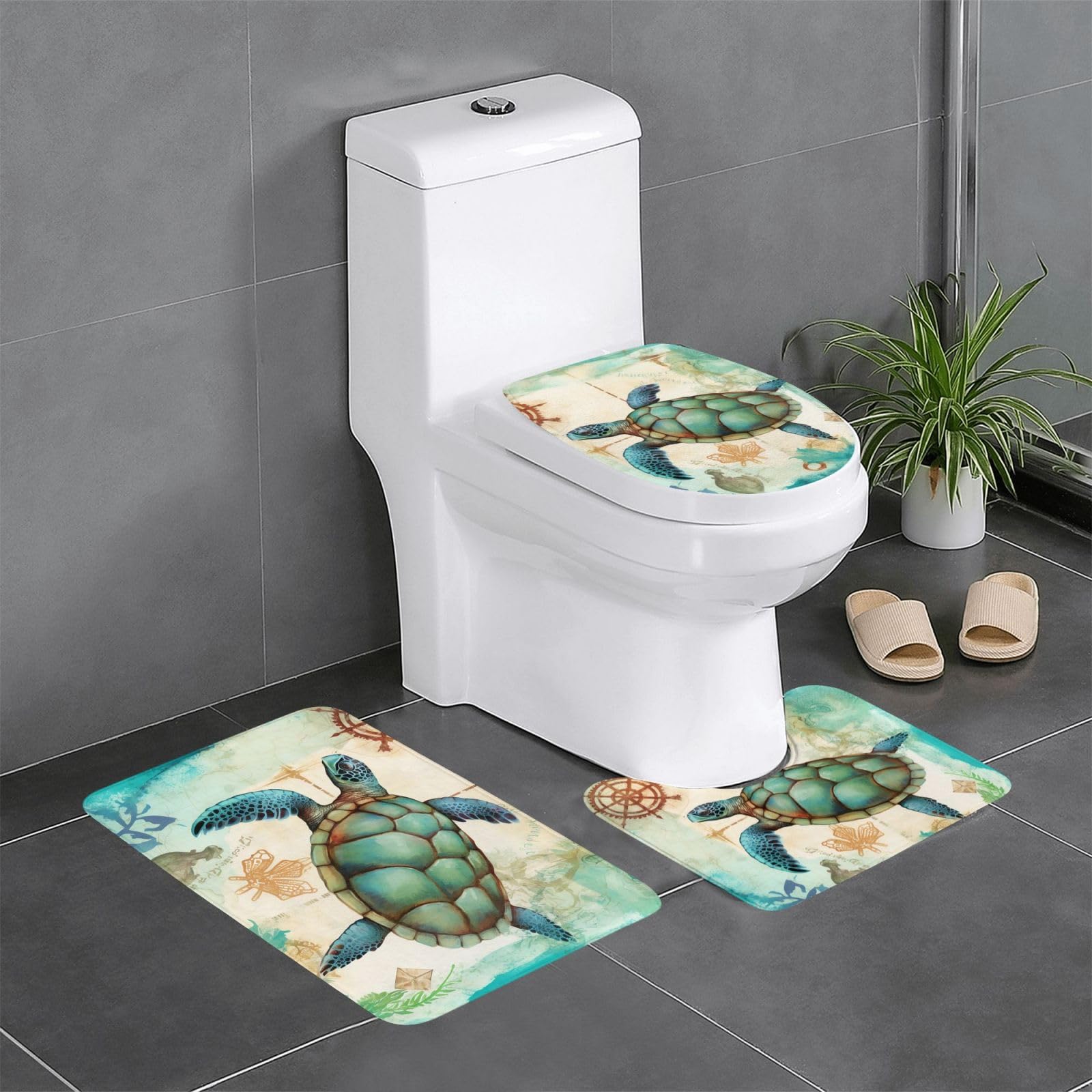 Ocean Turtle Sea Bath Rugs 3-Piece Set - Non-Slip Flannel Bathroom Mats, U-Shaped Toilet Pedestal Rug & Toilet Lid Cover - Soft & Absorbent for Bathroom, Beach House & Coastal Decor
