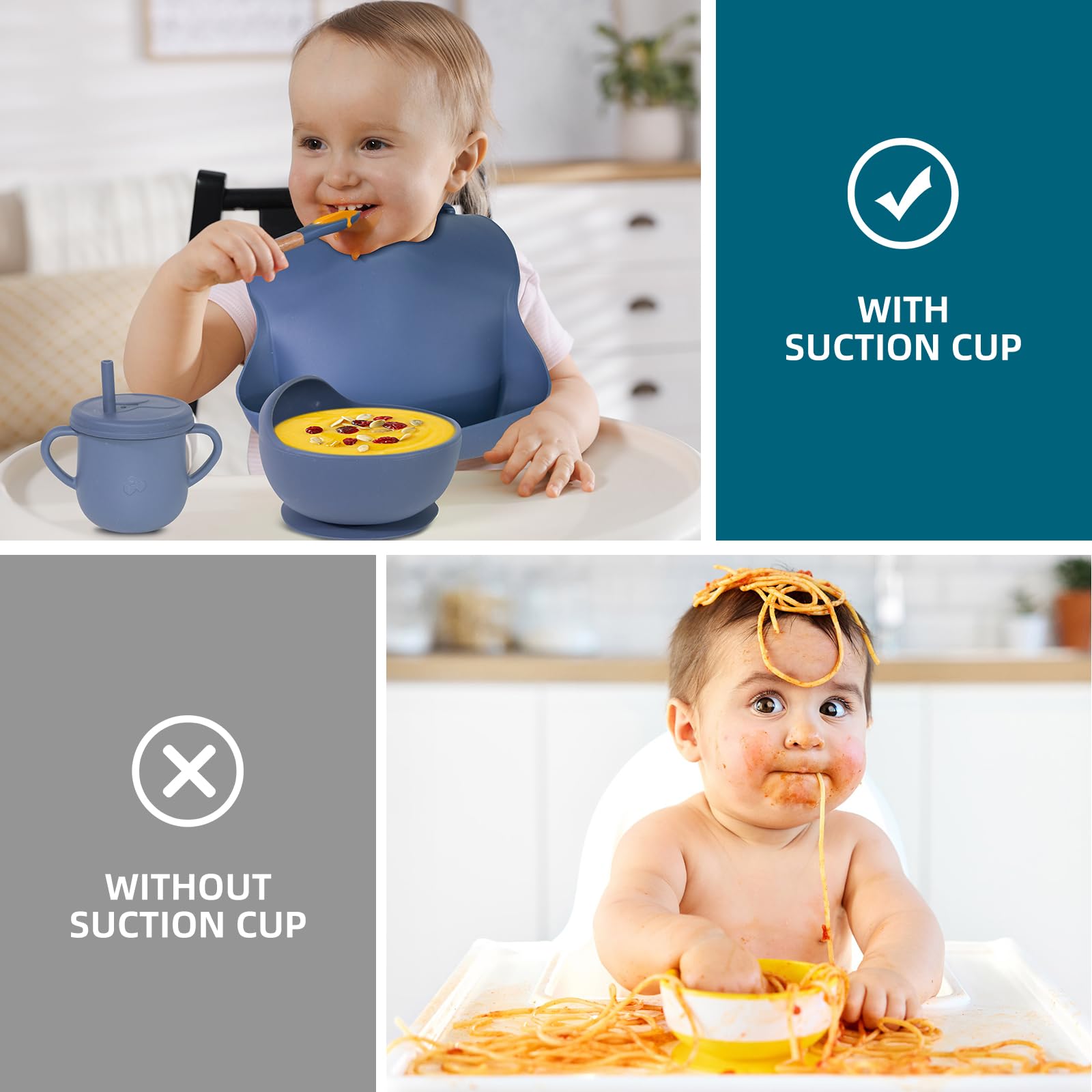 100% Silicone Baby Feeding Set - BPA Free Toddler Dish Set with Suction Bowl, Divided Plate, Spoons, Forks, Sippy Cup & Bib - Self Feeding Utensils for Babies & Kids (Navy Blue) - Perfect for Home, Travel & Daycare Use