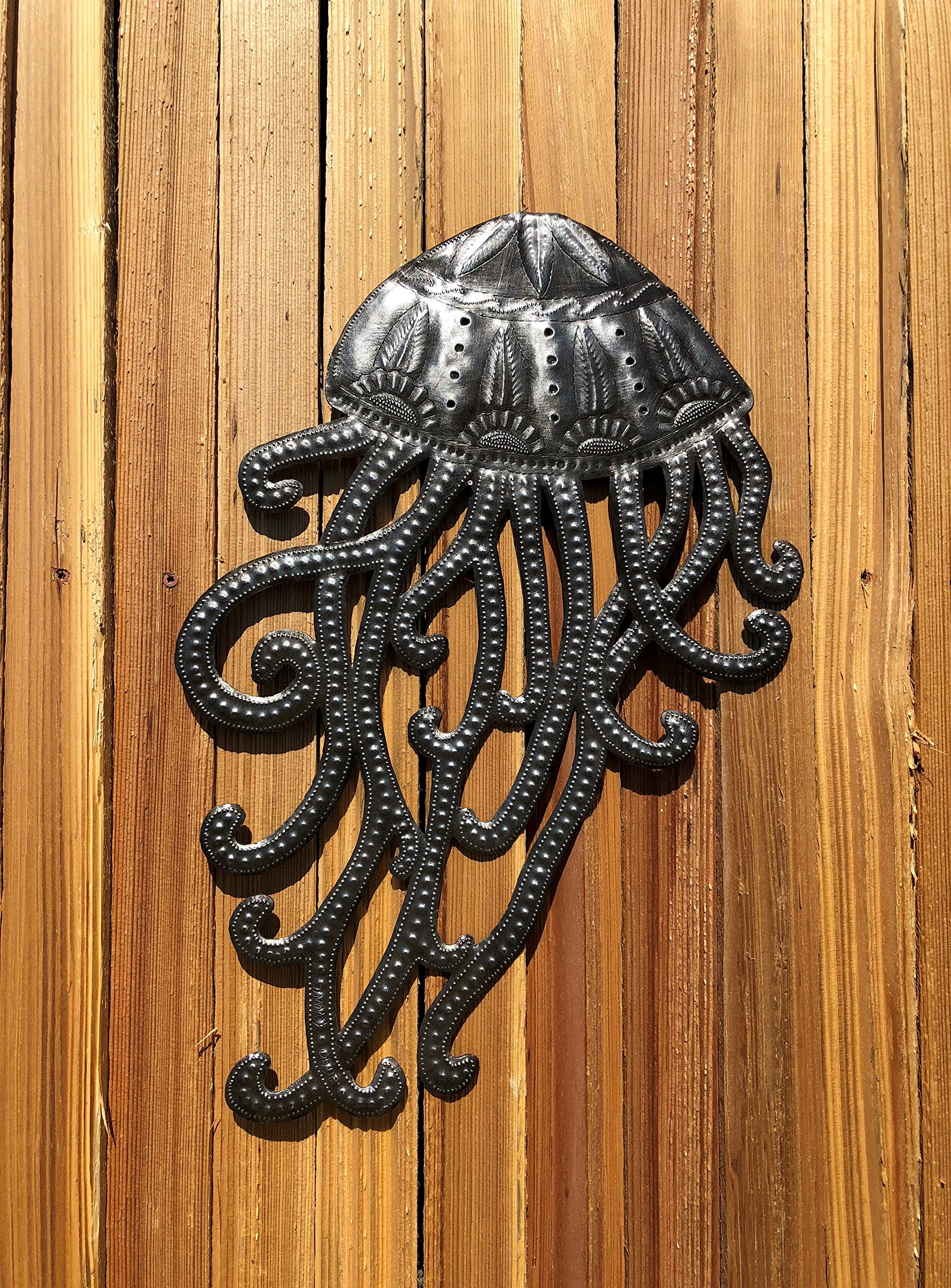 Jellyfish Under The Sea Metal Wall Art - Haiti Inspired Coastal Decor - 12x18.5 Inch Sturdy Indoor/Outdoor Wall Hanging for Beach House, Living Room & Patio