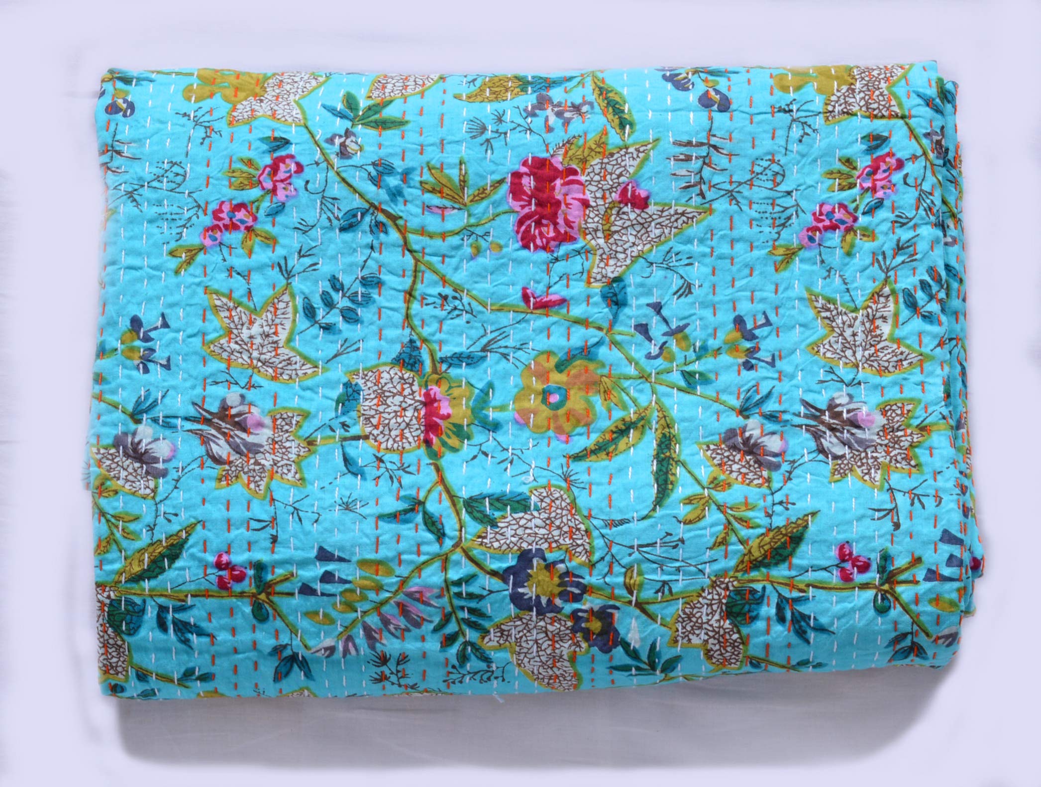 Somukara Floral Print Kantha Quilt - Handmade Indian Cotton Bedspread, Boho Blanket & Throw Cover for Twin/Queen Size (90 x 108 Inch, Turquoise) | Perfect for Bohemian Bedroom Decor, Guest Room Accent, or Cozy Living Room Throw