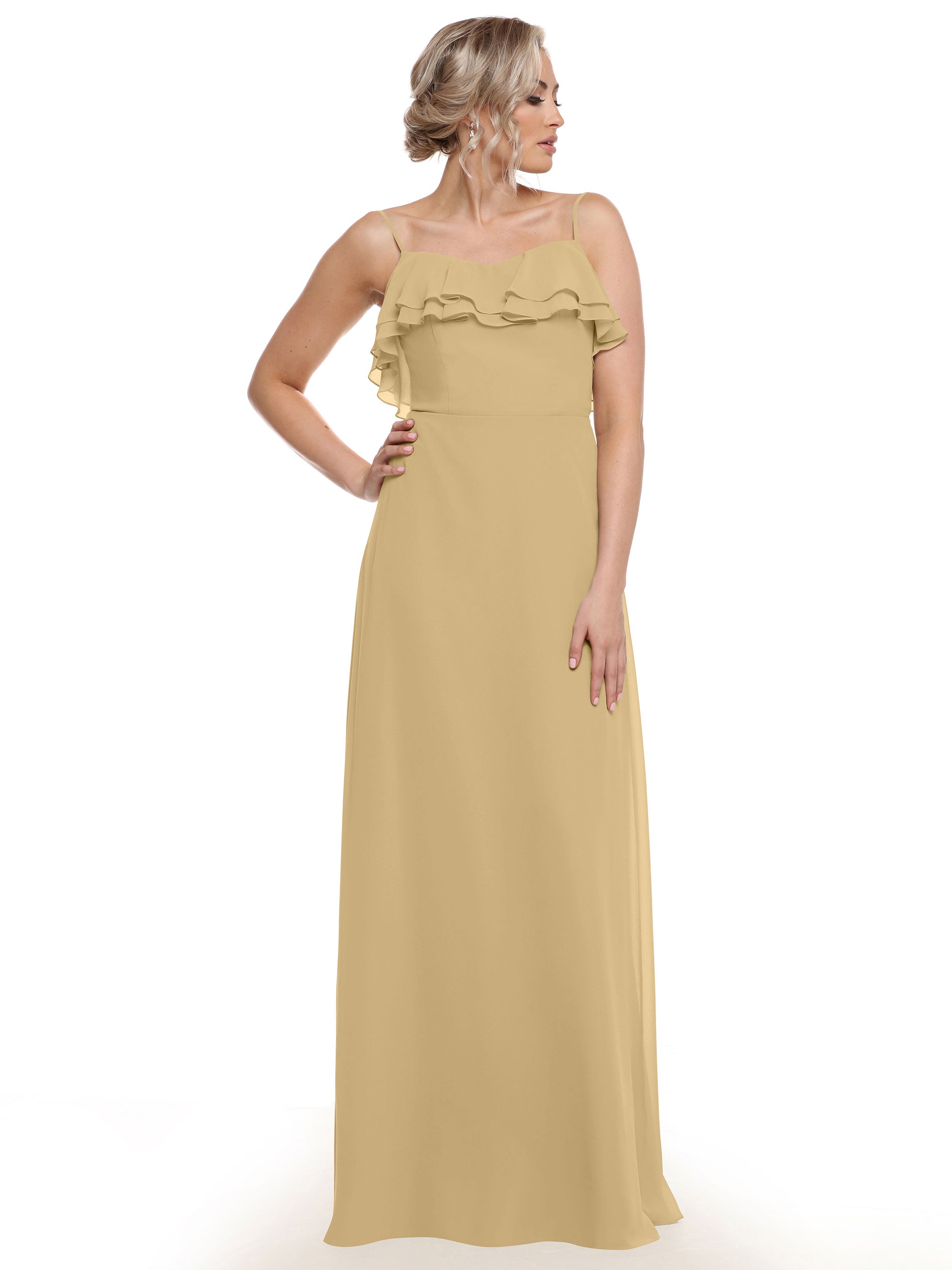 Elegant 80146 Sheath Chiffon Bridesmaid Dress with Ruffled Neckline - Perfect for Weddings, Formal Events & Special Occasions