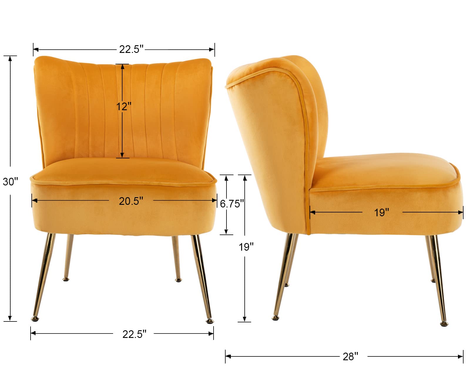 Velvet Accent Chairs Set of 2 - Mid-Century Modern Upholstered Side Chairs with Golden Legs, Armless Wingback Slipper Chairs for Living Room, Guest Room & Bedroom - Soft Yellow Comfy Seating for Home Decor