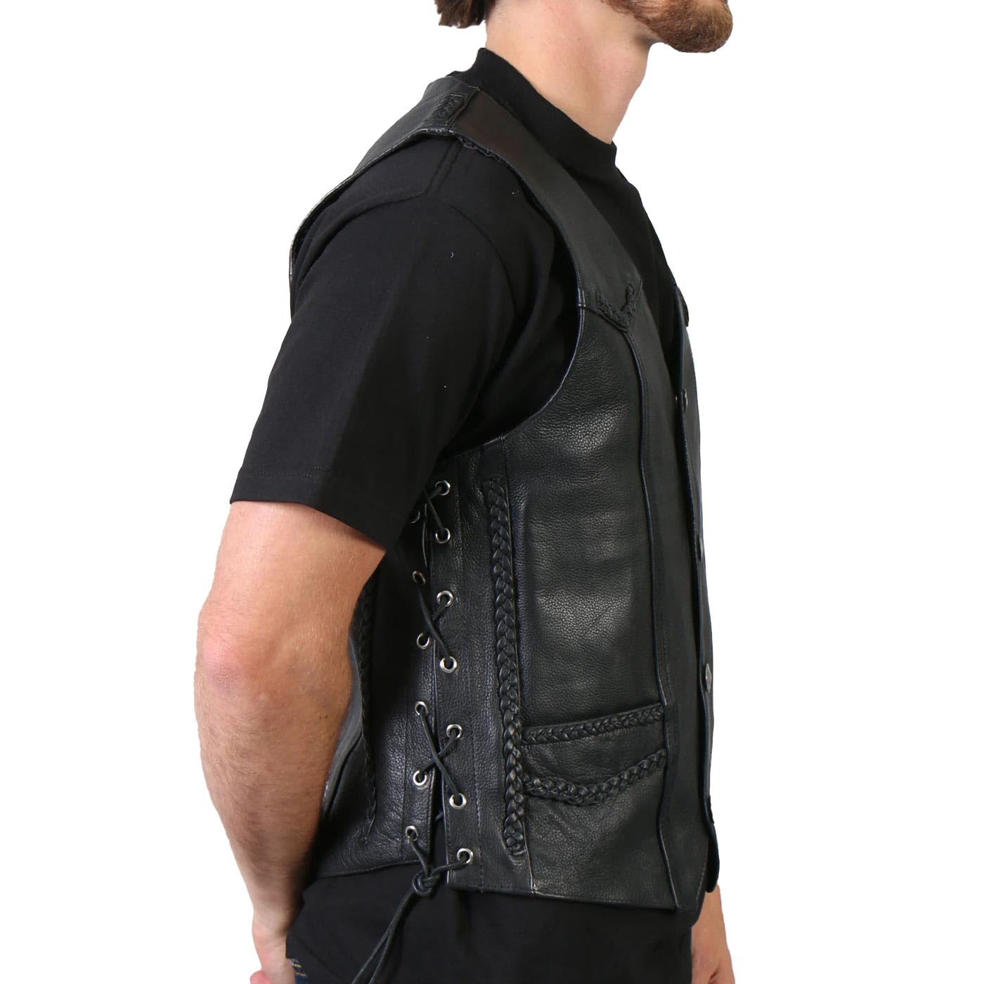 Hot Leathers Black Heavyweight Leather Vest with Braided Detail – Premium Biker Jacket for Men, Motorcycle Riding & Outdoor Fashion