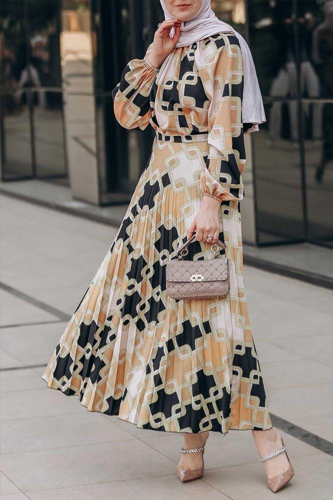 Eadiee Geo Print Top & Satin Pleated Maxi Skirt Set - Women's Elegant Outfit for Parties, Weddings & Special Occasions