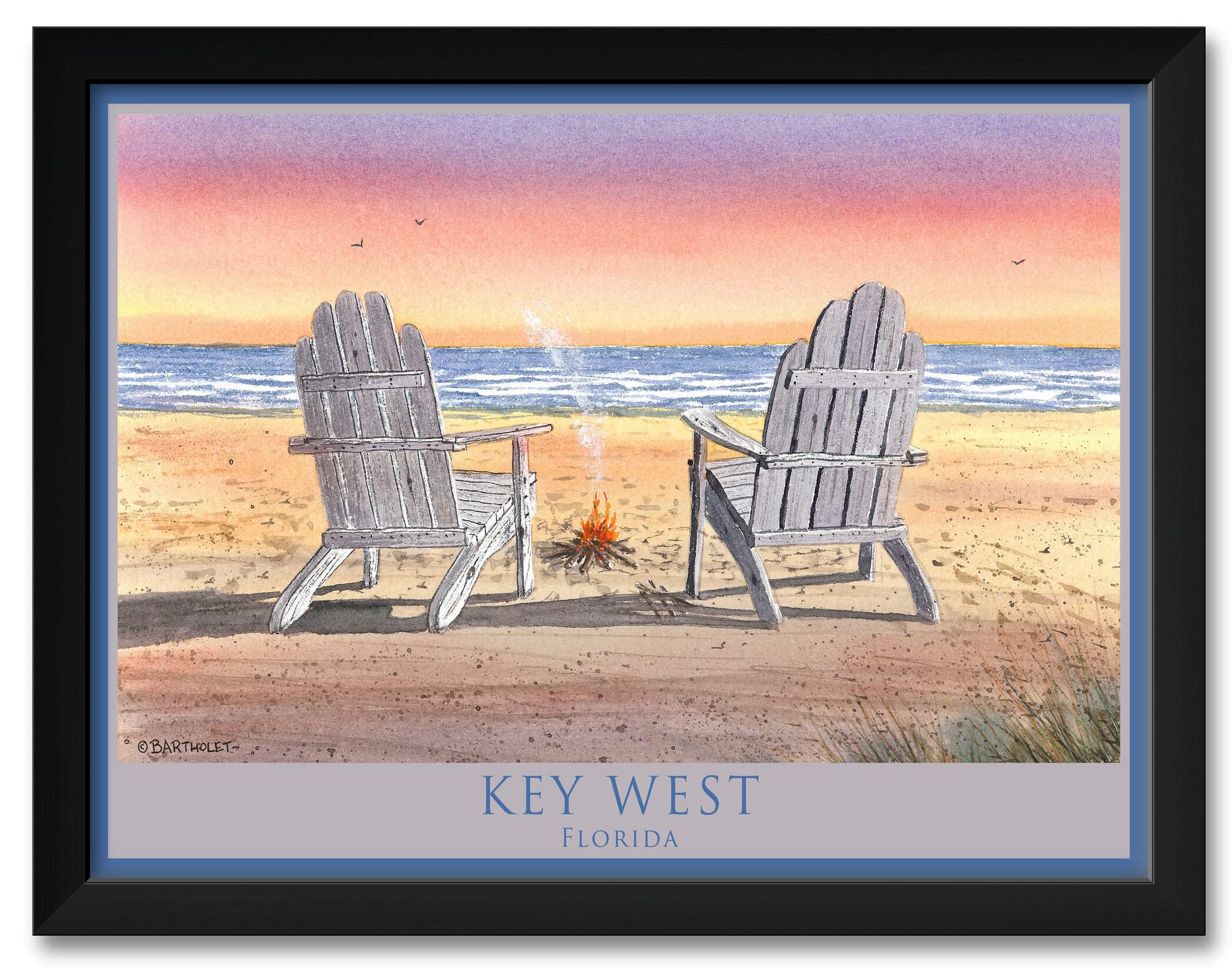 Key West Florida Adirondack Chairs Beach Watercolor Art Print by Dave Bartholet - 20x26 Inch Framed Wall Decor for Living Room, Bedroom & Coastal Home Decor