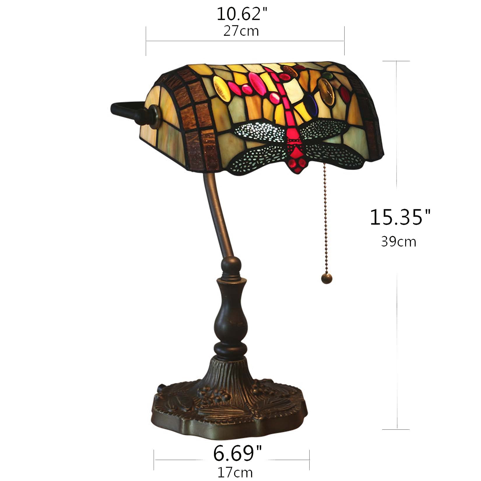 Vintage Tiffany Style Bankers Table Lamp - Stained Glass Piano Desk Lamp with Antique Alloy Base & Zipper Switch - Dragonfly Design for Bedroom, Study, Office & Living Room Lighting