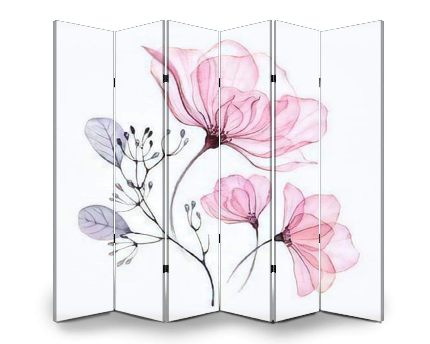 Wooden Screen Room Divider with Transparent Floral Design - Pink Roses & Buds Folding Privacy Partition Panels (6 Panels, Dual-Sided) for Living Room, Bedroom, Office & Event Decor