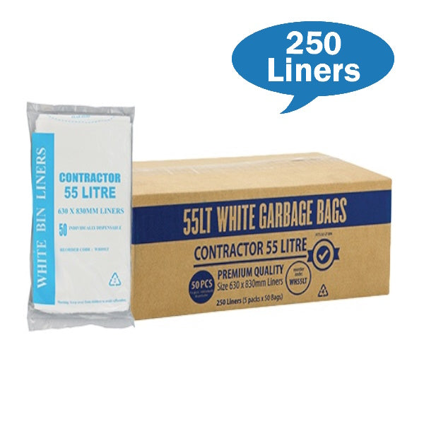 55Lt White Contractor Trash Bags - Heavy Duty Garbage Bags for Construction Sites, Offices & Home Use