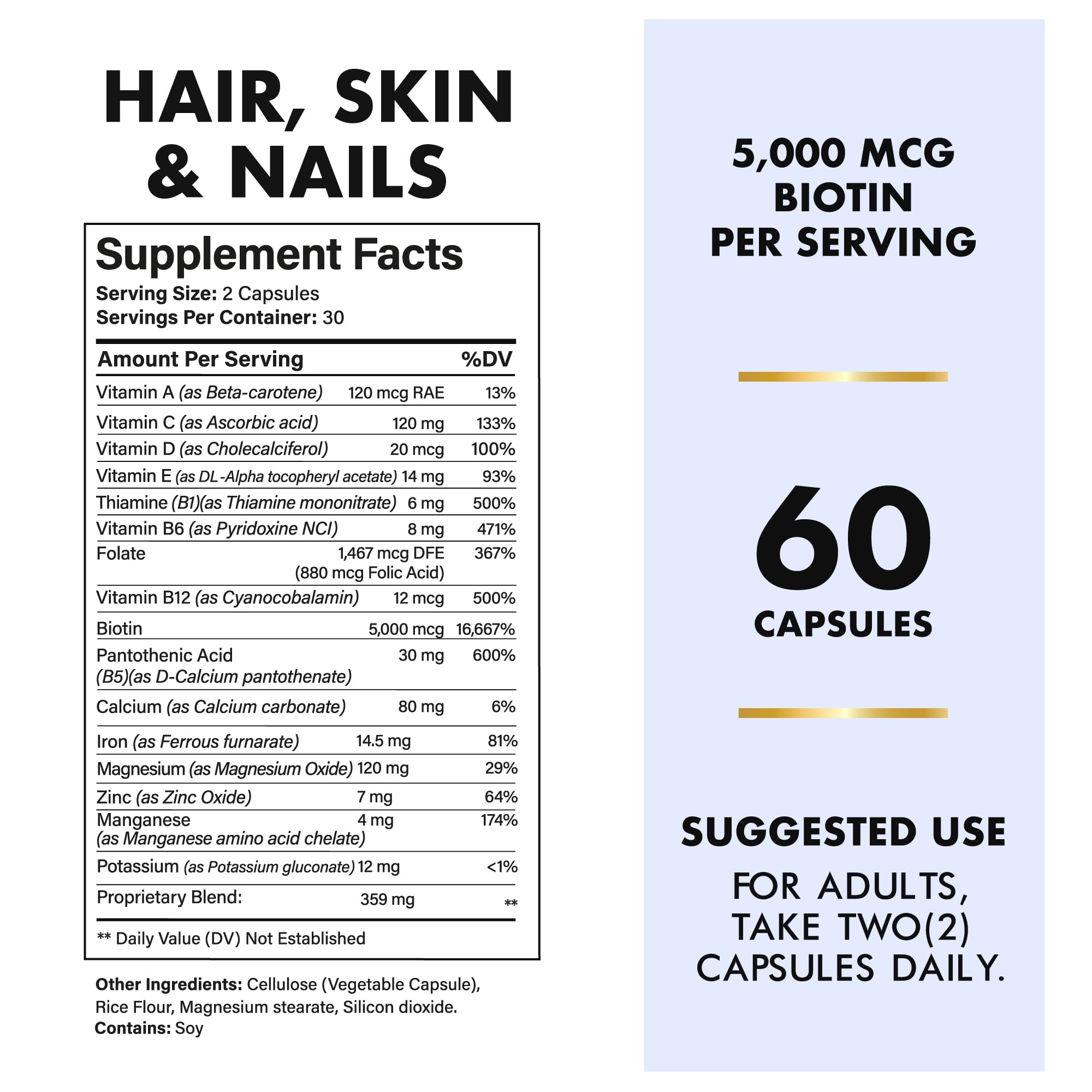 Premium Hair Shield Vitamins for Hair Growth & Stronger Nails - Biotin Supplement with Calcium & Zinc for Women & Men - 60 Capsules - Supports Healthy Hair, Skin & Nails for Daily Beauty Care & Wellness Routine