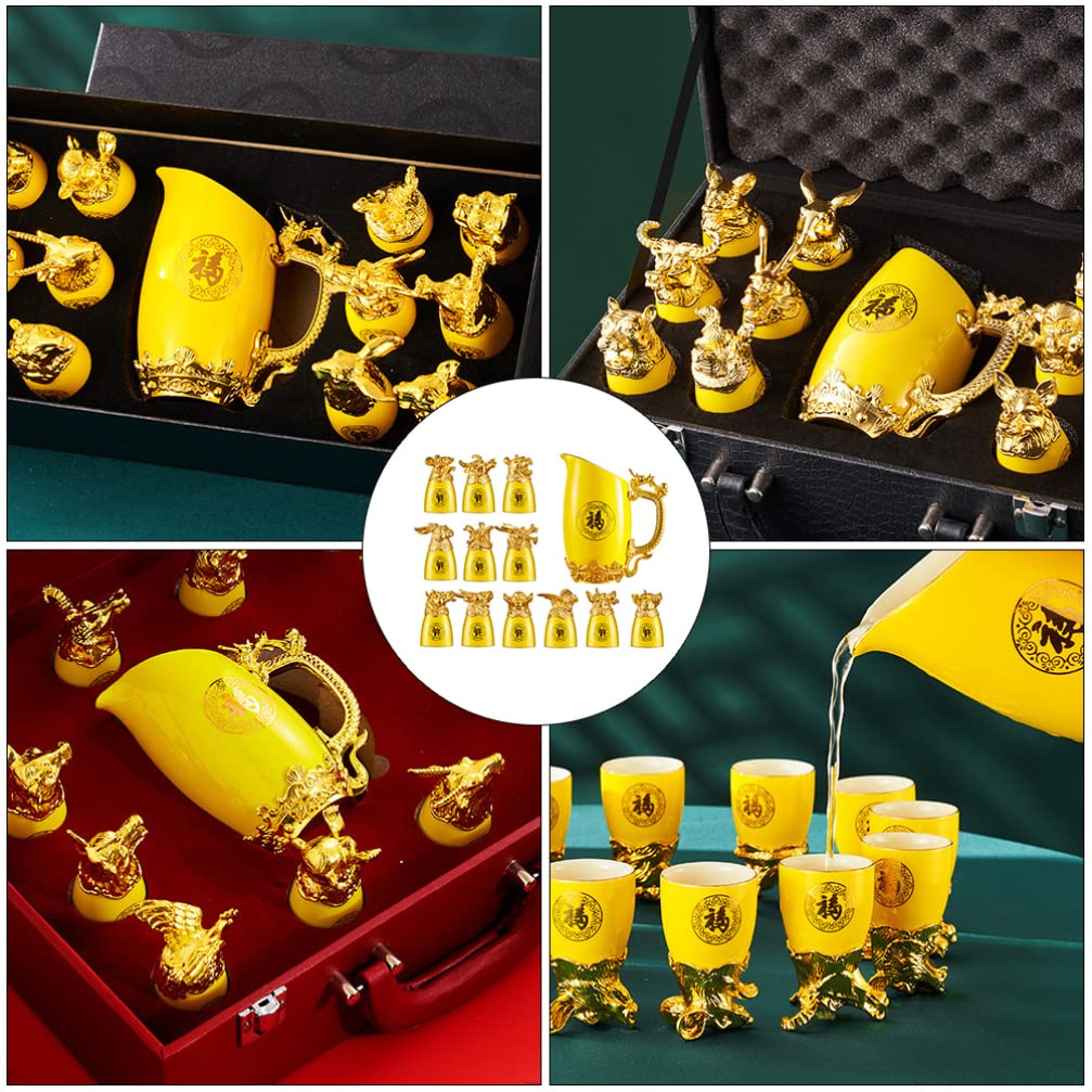 Vintage Chinese 12 Zodiac Sign Shot Glass Set - Whiskey, Soju & Baijiu Decanter with Retro Dispenser - Perfect for Home Bars, Asian-Themed Parties & Gift Giving