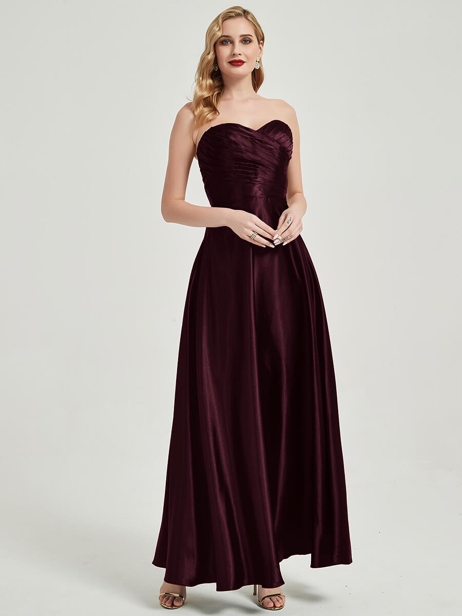 Elegant Cabernet Satin Sweetheart Strapless Floor-Length Pleated Bridesmaid Dress for Weddings, Formal Events & Special Occasions