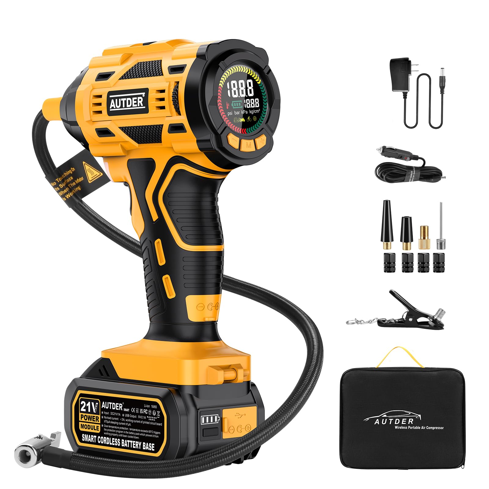 AUTDER Portable Air Compressor, Cordless Tire Inflator 180 PSI with Dual Power Source, 21V Battery/12V DC, Digital Pressure Gauge, Auto Shut-Off - Perfect for Cars, SUVs, Bikes & Inflatables On The Go (Yellow-Black)