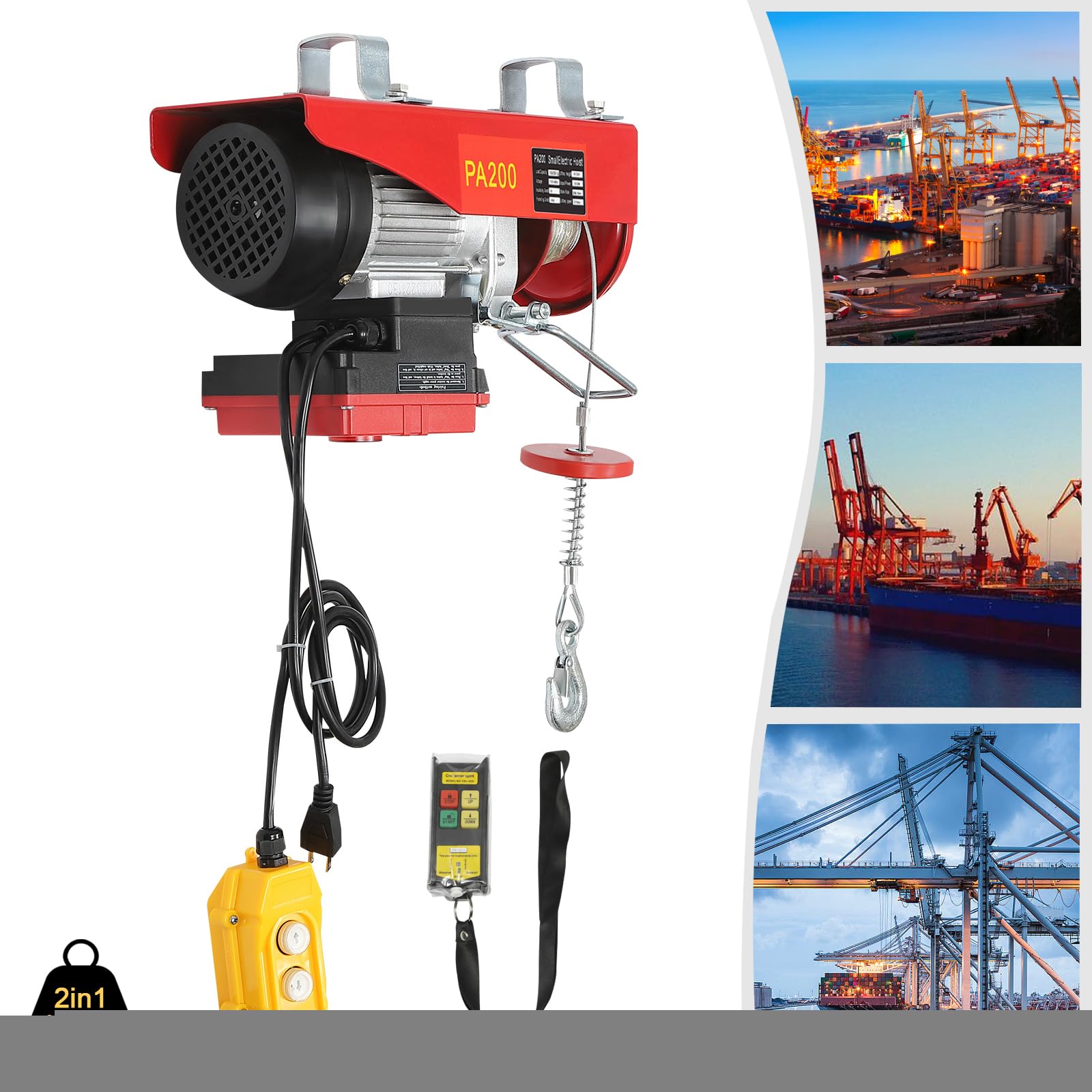 440 LBS Capacity 2-in-1 Wireless Electric Hoist - 510W 110V Steel Lift with Remote Control & Single/Double Slings - Perfect for Factory, Warehouse & Construction Site Lifting Operations