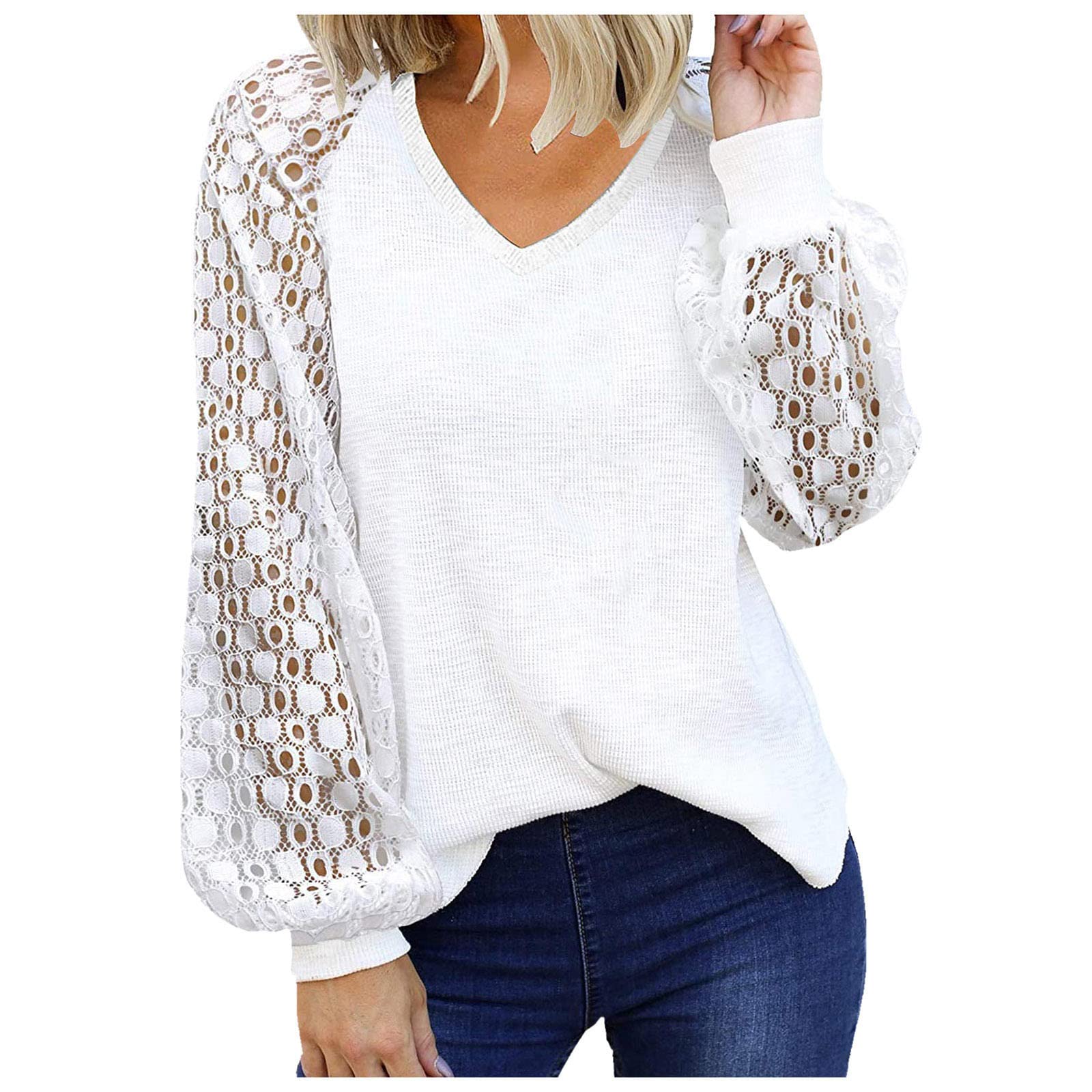 Stylish Women's Eyelet Lace Long Sleeve Tunic Tops - Soft Loose Casual Basic Tee for Everyday Wear | Perfect for Office, Date Night & Weekend Outfits