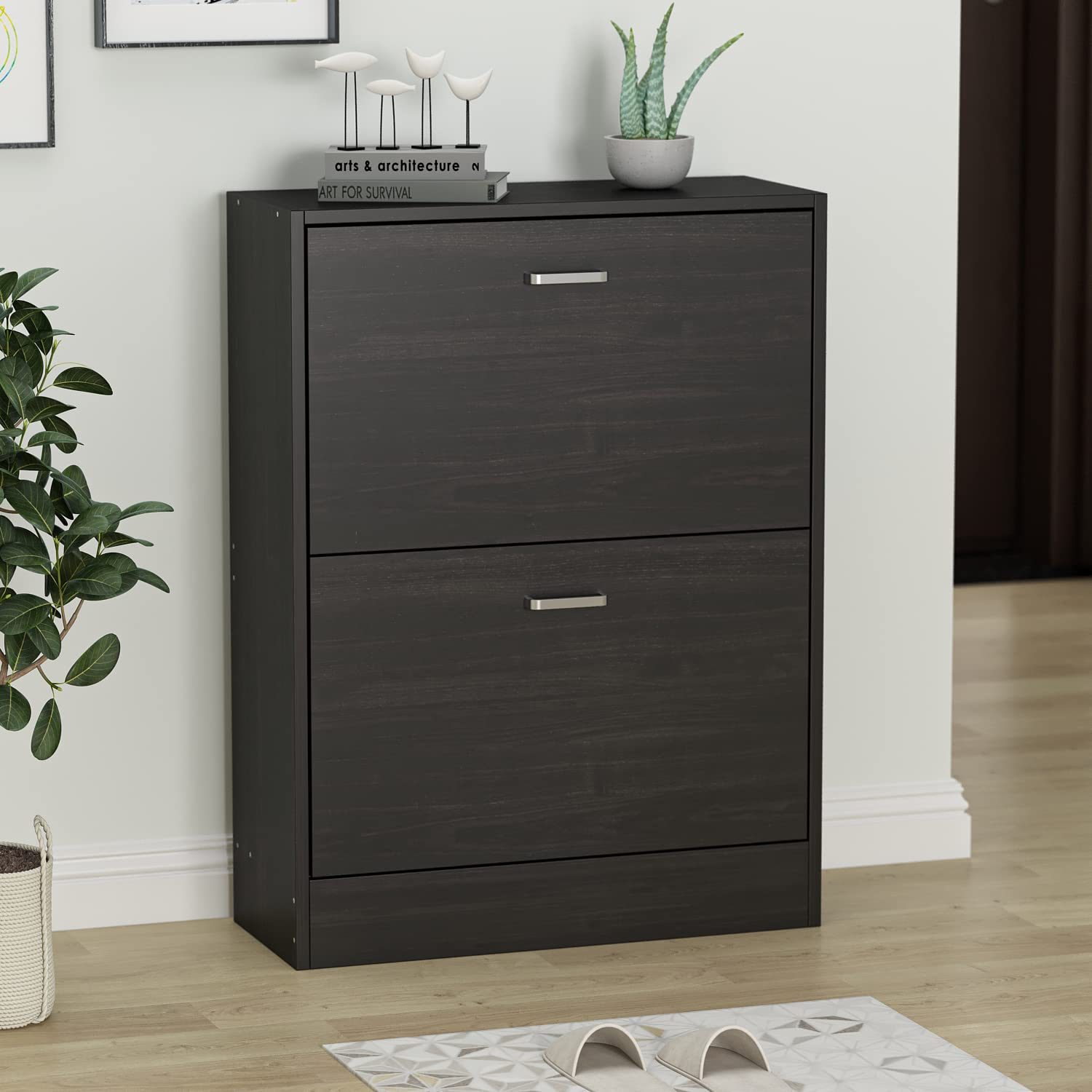 Homsee Modern 2-Tier Shoe Storage Cabinet with Flip Drawers - Wooden Shoe Rack Organizer for Entryway, Hallway & Bedroom - Space-Saving Furniture (23.6”L x 9.4”W x 31.4”H) - Perfect for Small Apartments & Closet Organization