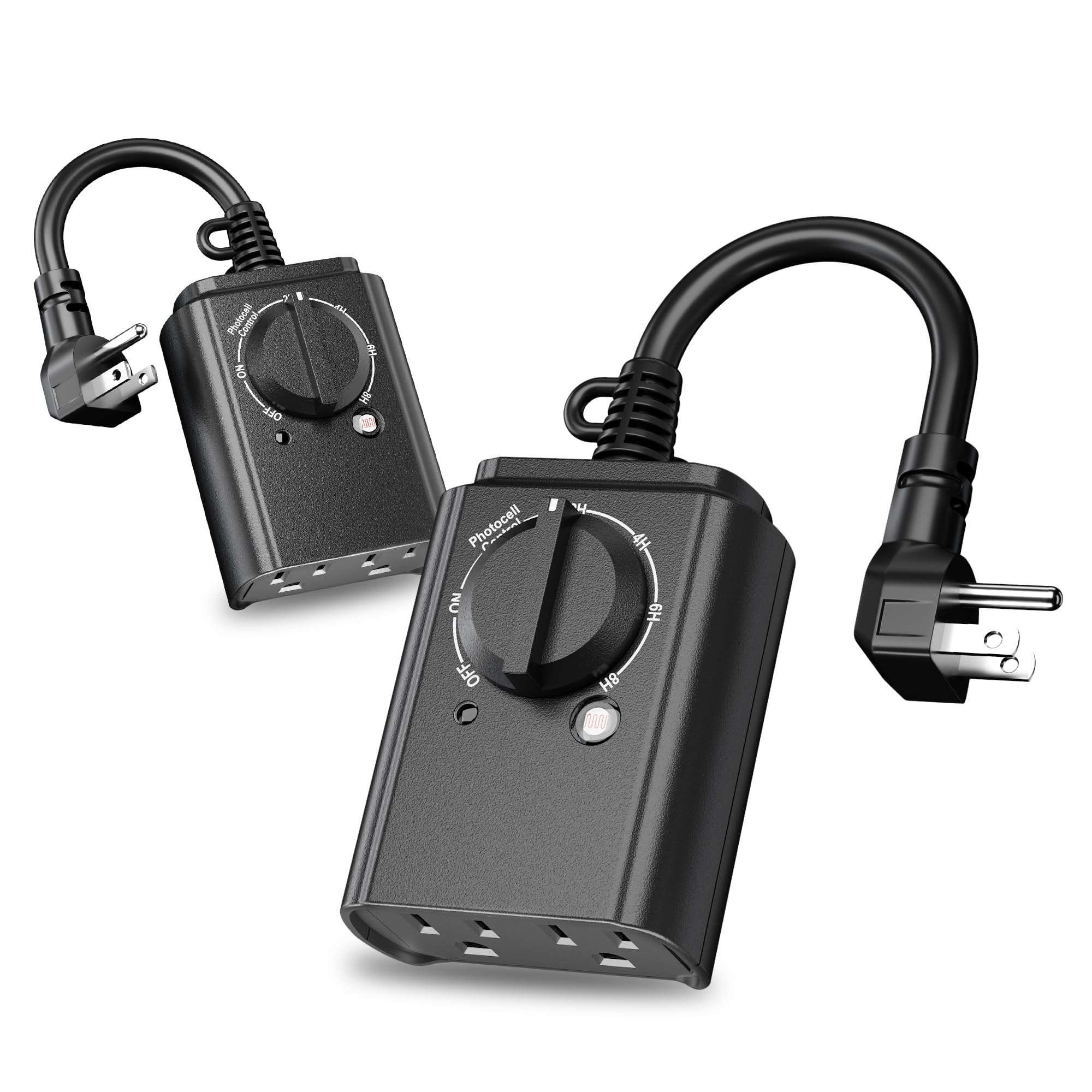 BN-LINK Outdoor 24-Hour Timer with Photocell Light Sensor - Waterproof Countdown Timer (2/4/6/8 Hours Mode) - Weatherproof Electrical Outlet Timer for Garden Lights, Holiday Decorations & Pool Pumps - 2 Pack Grounded Outlets for Home & Outdoor Use