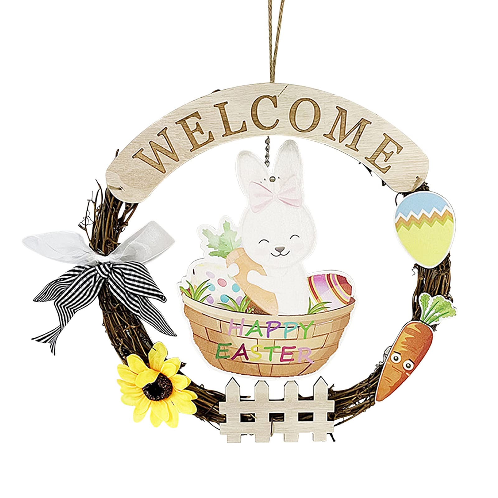 Easter Bunny Wreath - Spring Floral Door Hanger Decor with Welcome Sign for Home, Front Door, Easter Party & Seasonal Holiday Decoration