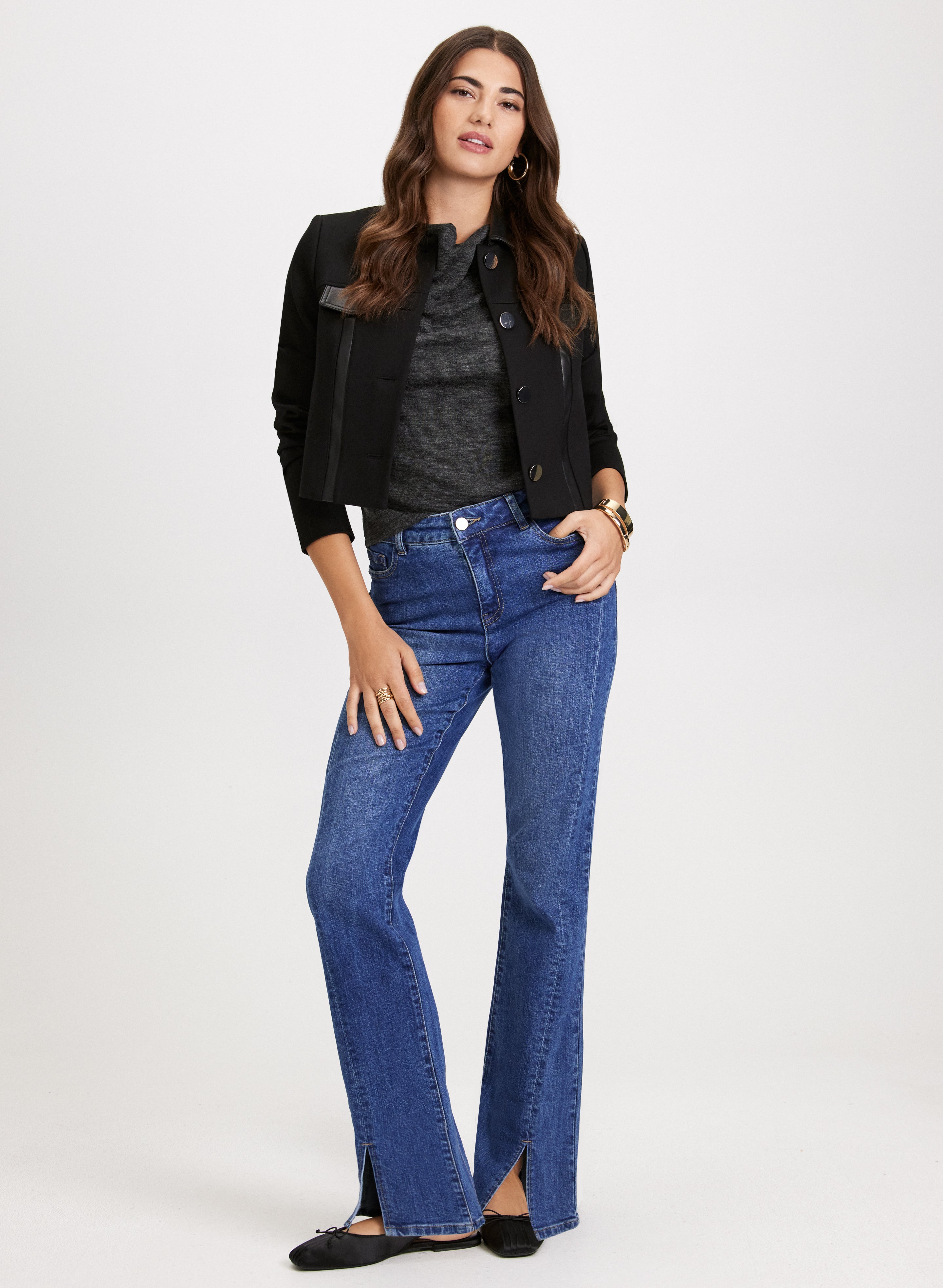 Stylish Cropped Jacket & High-Waisted Flared Jeans with Slit for Women | Trendy Outfit for Casual Wear, Date Night & Street Style Fashion