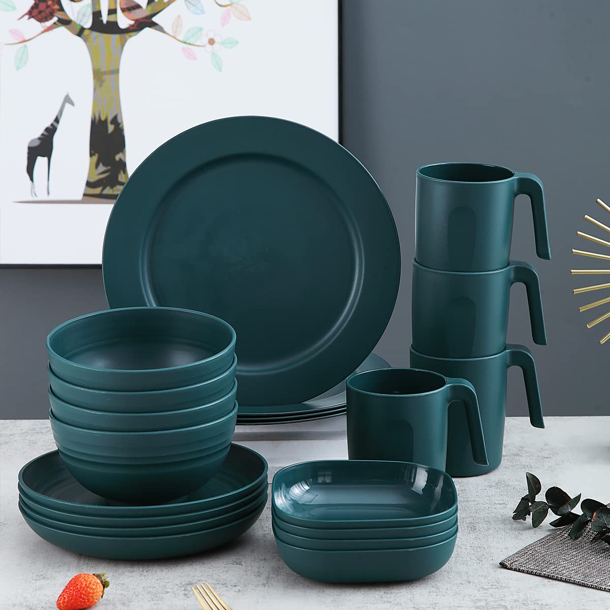 Kyraton 20-Piece Unbreakable Polypropylene Dinnerware Set - Durable Dark Green Plates, Bowls & Cups - Microwave & Dishwasher Safe - Perfect for Outdoor Dining, Camping & Everyday Use