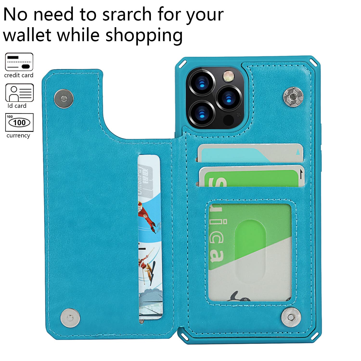 Premium PU Leather iPhone 12/12 Pro Wallet Case with Card Holder & Kickstand - Shockproof Protective Cover with Wrist Strap for Men & Women (Blue) - Perfect for Everyday Use, Travel & Hands-Free Convenience