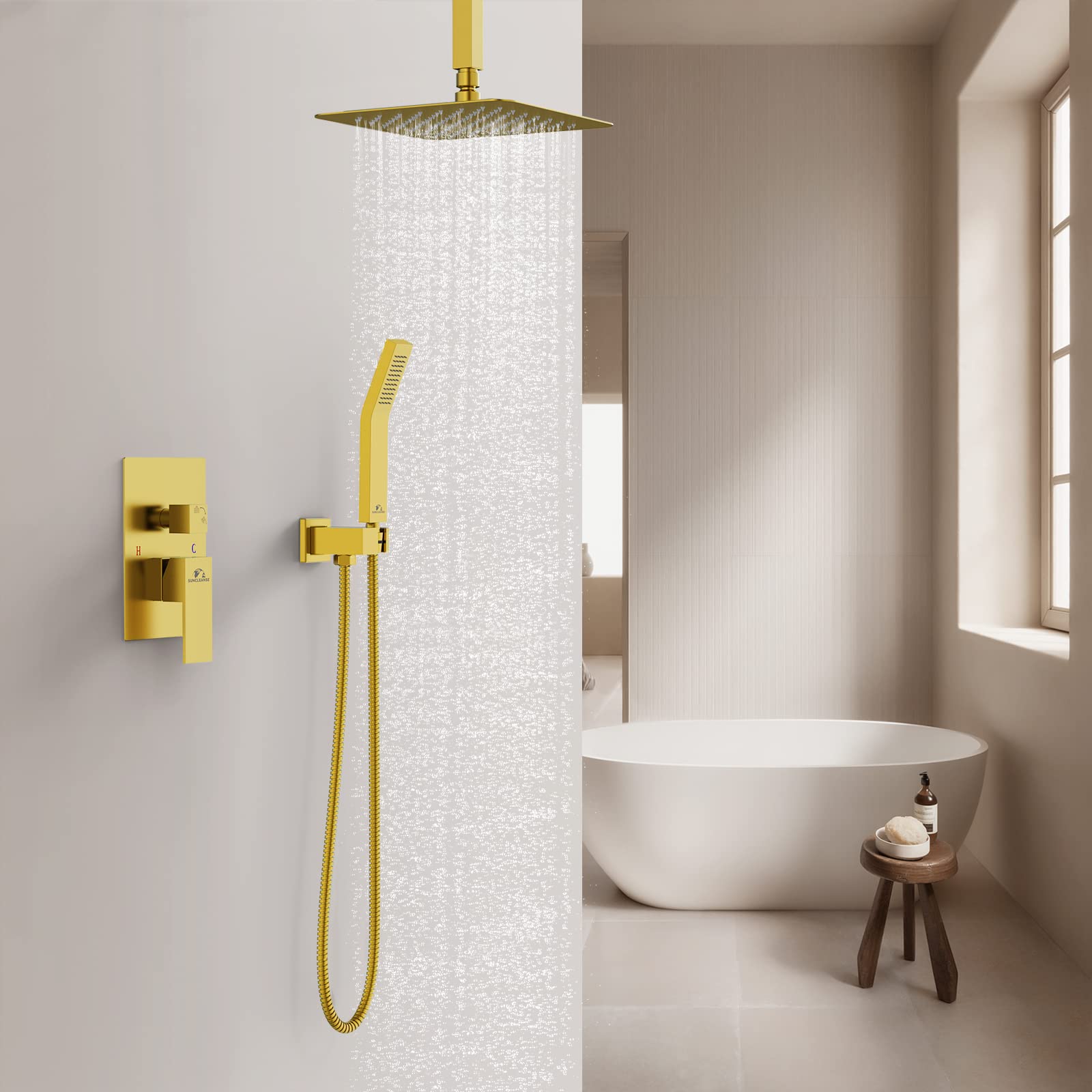 SunCleanse Rainfall Shower Faucet Set - Brushed Gold Bathroom Shower Combo with High Pressure 10 Inch Rain Shower Head & Handheld Spray - Ceiling Mounted for Luxurious Spa-Like Experience at Home
