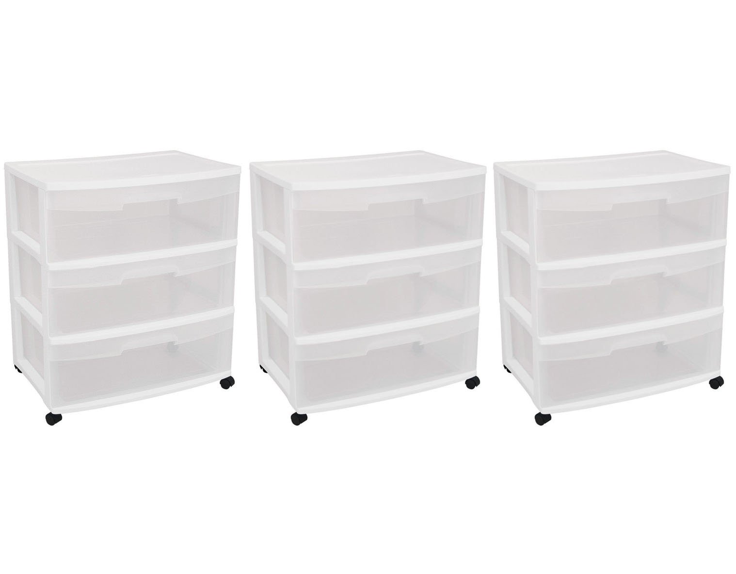 STERILITE 3-Drawer Rolling Storage Cart - White Frame with Clear Drawers & Black Casters (3-Pack) - Perfect for Office, Classroom, or Home Organization