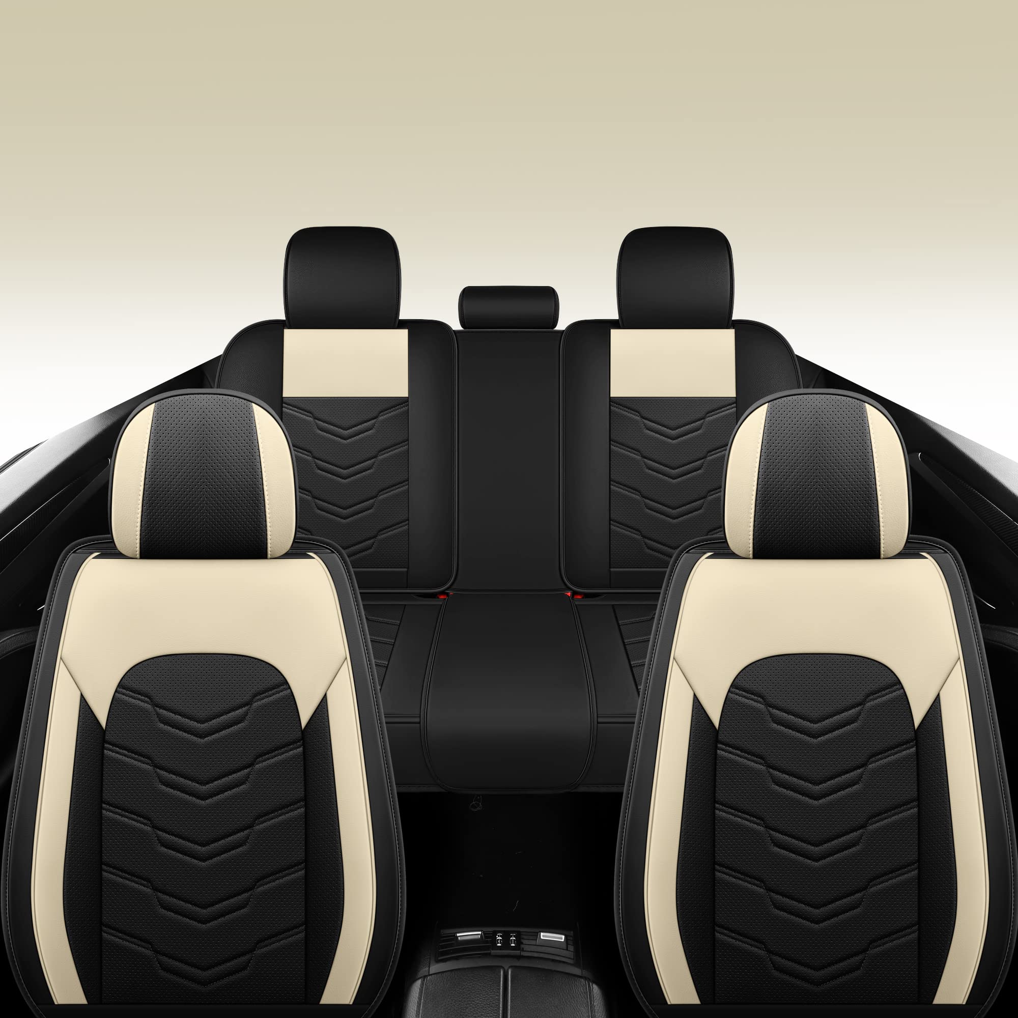 Premium 5-Piece AOOG Leather Car Seat Covers Set - Breathable Faux Leatherette, Non-Slip Waterproof Seat Protectors for Sedans, SUVs & Trucks | Airbag Compatible Beige & Black | Perfect for Daily Commute, Road Trips & Family Travel