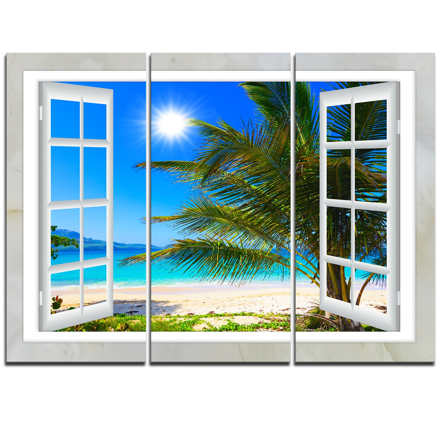 Extra Large Seashore Canvas Art - Stunning Beach with Palm Trees Window View - Perfect for Living Room, Bedroom & Coastal Home Decor
