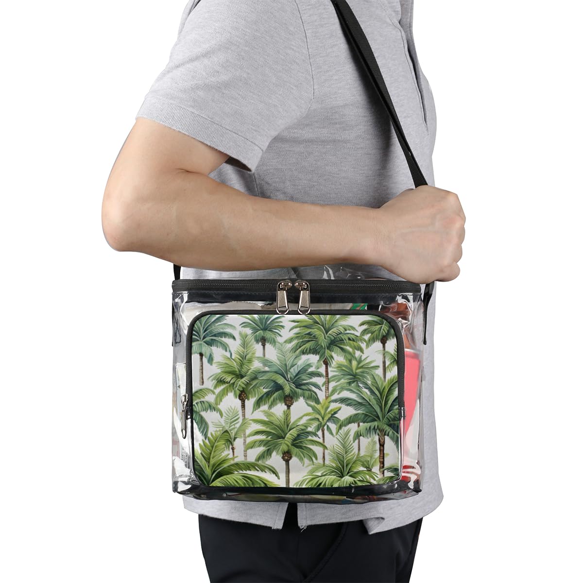 GzLeyigou Clear Transparent Tote Bag with Handles - Tropical Palm Tree Design Beach Shoulder Bag for Women, Summer Outdoor Picnic, Travel, Concerts & Sports Events (Stadium Approved) - Perfect for Hawaiian Vacations, Pool Parties and Music Festivals