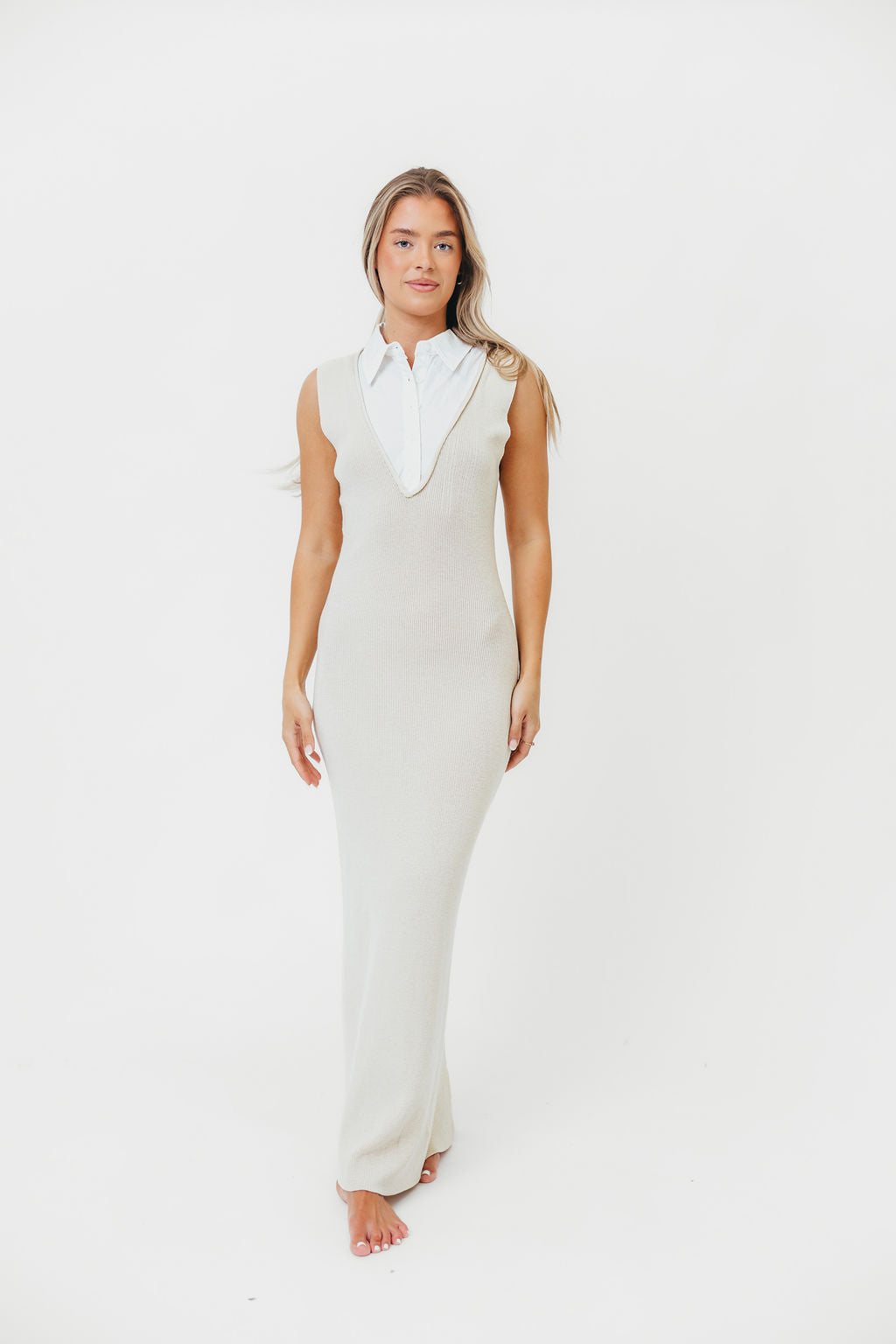 Deb Button Down Collar Faux Shirt Knit Maxi Dress in Light Beige - Women's Elegant Long Sleeve Midi Dress for Office, Date Night & Special Occasions