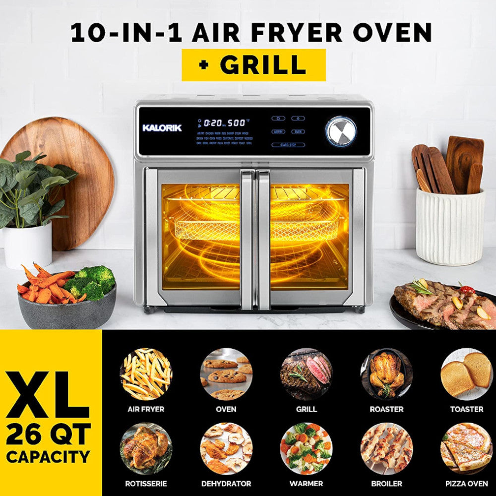 KALORIK MAXX Digital Air Fryer Oven Grill - 12-in-1 Countertop Convection Oven with Rotisserie & Dehydrator | Factory Certified Refurbished with 1-Year Warranty | Perfect for Healthy Cooking, Baking, Roasting & Meal Prep (Model AFO47631SS2)