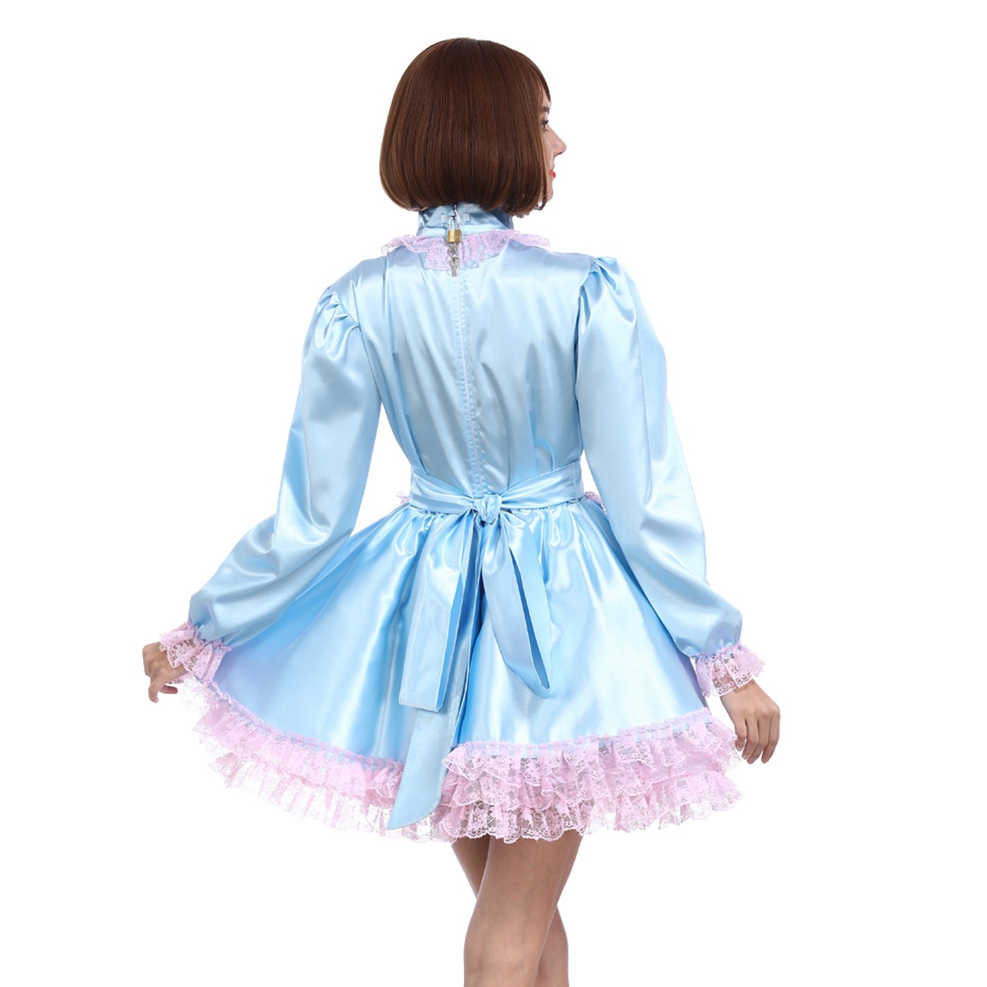 French Maid Costume for Women - Light Blue Lockable Dress - Crossdressing & Cosplay Outfit - Perfect for Halloween, Role Play, and Themed Parties