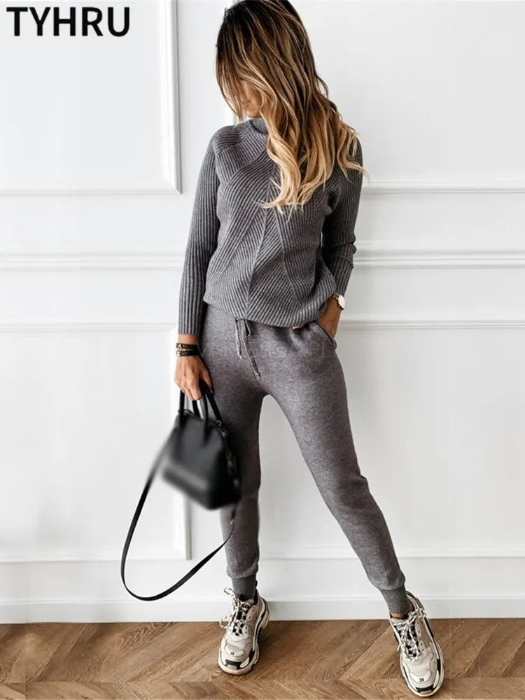 Women's Autumn Winter Tracksuit Set - Solid Color & Striped Turtleneck Sweater with Elastic Waist Pants | Cozy Knitted Two-Piece Outfit for Casual Wear, Lounge, Workout & Street Fashion