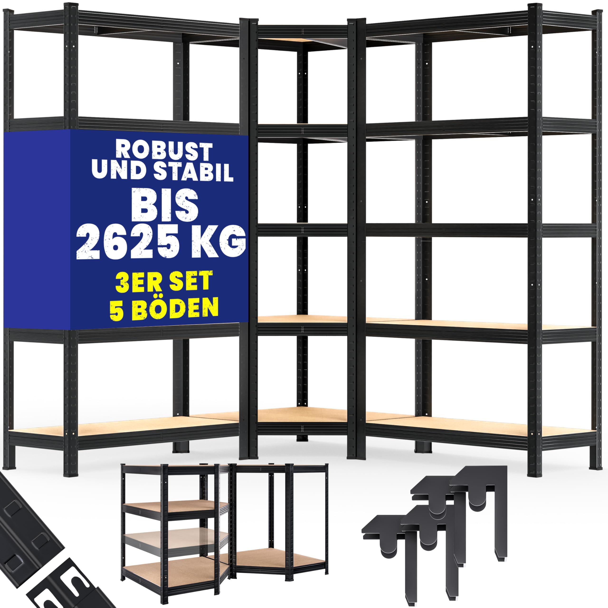 Monzana Heavy Duty Corner Shelving Unit Set of 3 - 15 MDF Panels, 2625KG Load Capacity - Garage, Basement, Workshop Storage Rack (2x 180x90x40cm & 1x 180x70x40cm) - Black - Perfect for Organizing Tools, Supplies & Equipment in Home, Garage or Warehouse