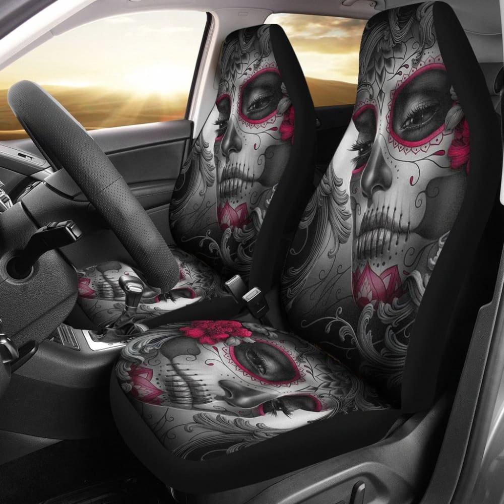 2 Pcs Sugar Skull Girl Car Seat Covers - Gothic Decor for Women's Vehicles, Halloween Auto Accessories - Perfect for Day of the Dead Decorations & Car Interior Styling