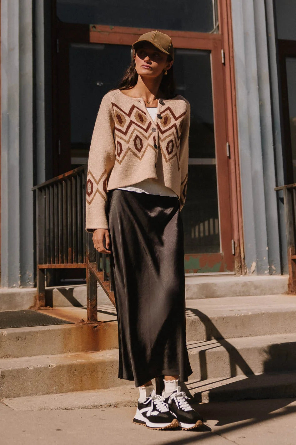 Angelica Geometric Cardigan in Tan - Women's Stylish Knit Sweater for Fall & Winter | Perfect for Office, Casual Outings & Cozy Evenings