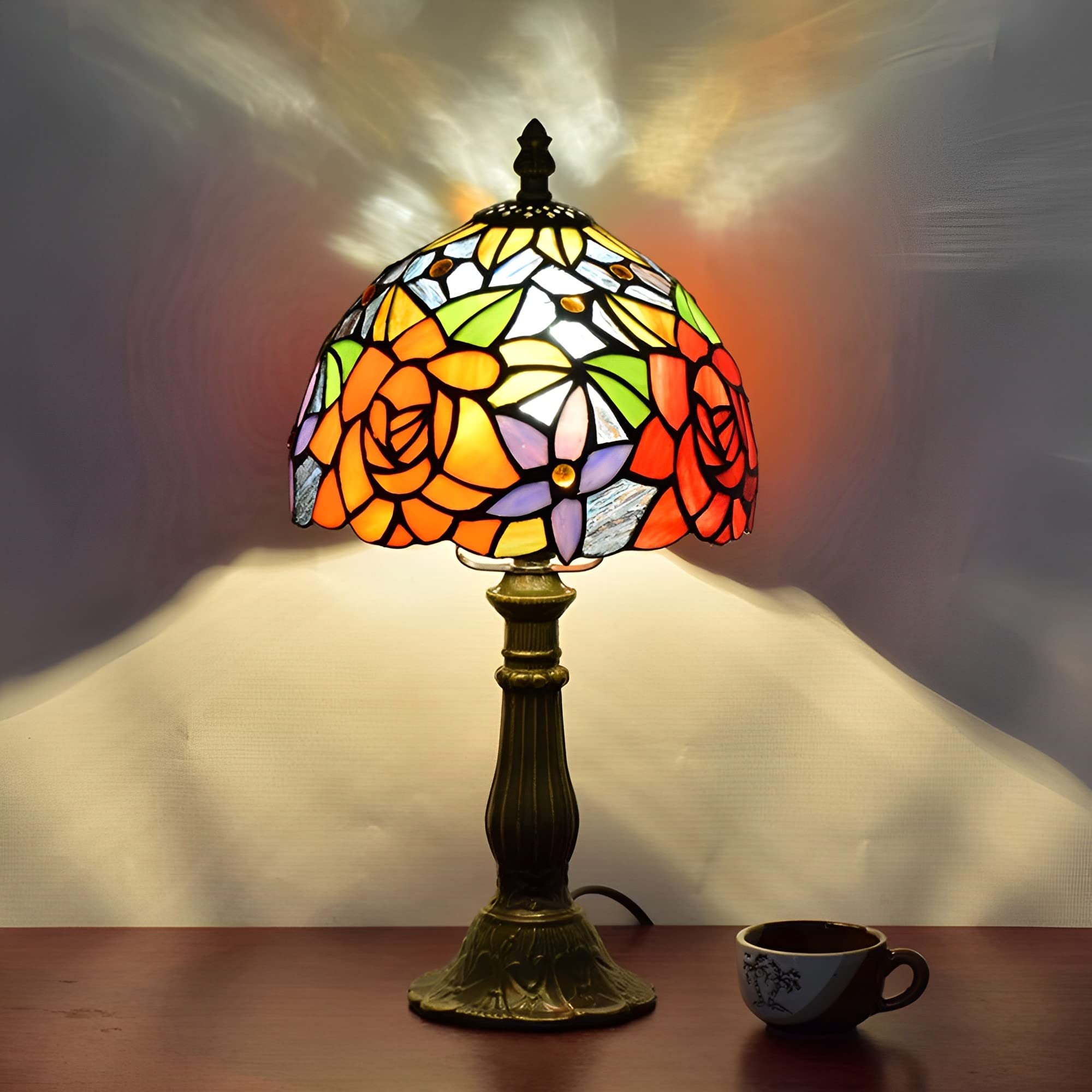 TPMAFF 8-inch (20 cm) Tiffany Style Stained Glass Rose Desk Lamp - Classic Table Light for Nightstand, Reading, Living Room, Bedroom & Study | Handcrafted Home Decor & Gift Idea for Holidays & Special Occasions