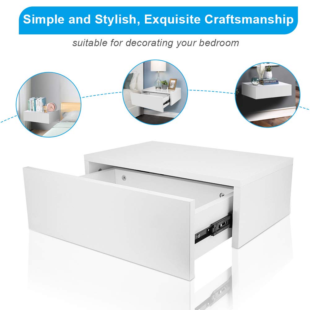 Modern Floating Nightstand Wall Shelf with Drawer - White Wall Mounted Bedside Table for Small Spaces | Perfect for Apartments, Dorms & Minimalist Bedrooms