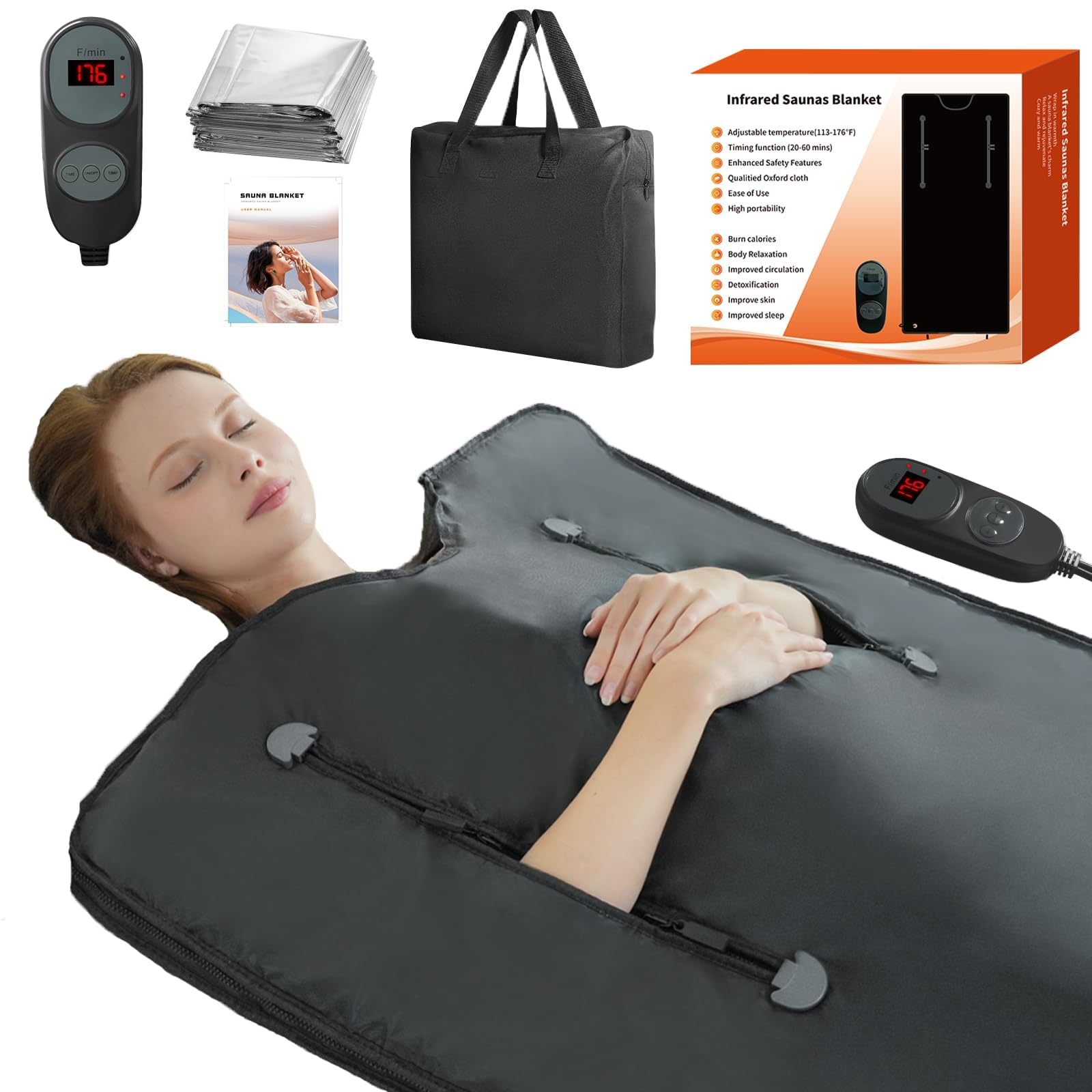 Portable Far Infrared Sauna Blanket for Detox & Relaxation - 113-176℉ with 20-60 Min Timer, 6ft x 2.65ft - Perfect for Home Spa, Weight Loss & Muscle Recovery
