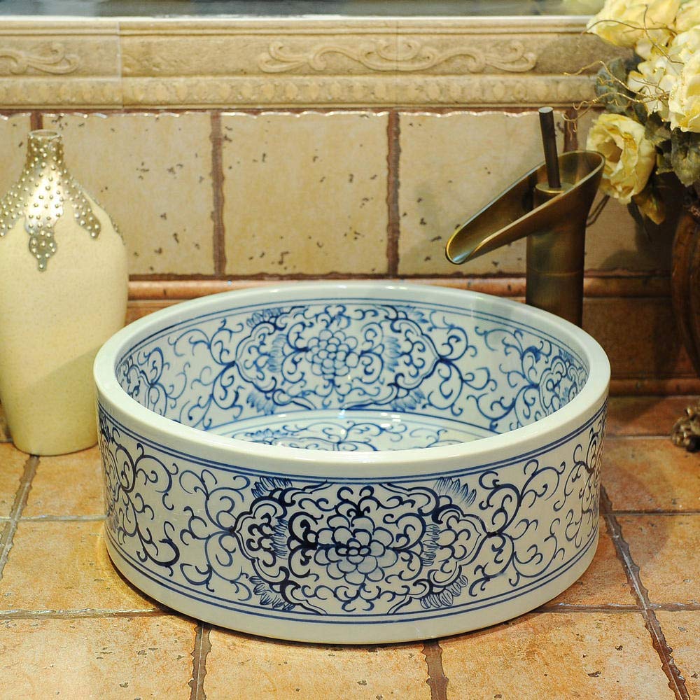 Blue and White Porcelain Vessel Sink - Ceramic Countertop Bathroom Basin for Vanity, Modern Above Counter Wash Basin - Perfect for Powder Rooms, Guest Baths & Spa-Style Bathrooms