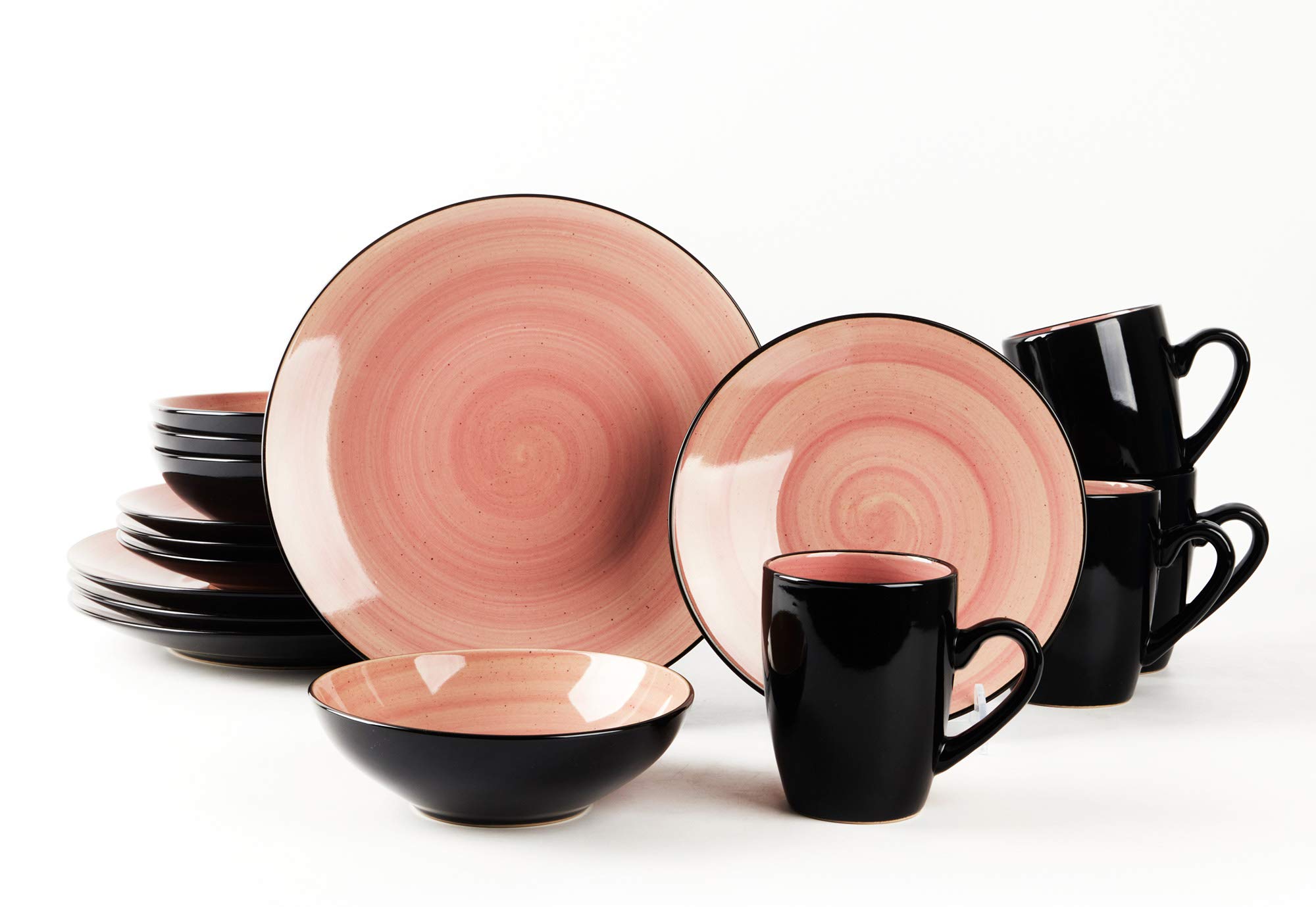 Sonoma Stoneware 16-Piece Dinnerware Set - Black Exterior with Hand-Painted Rose Interior | Elegant Table Setting for Dinner Parties & Home Decor