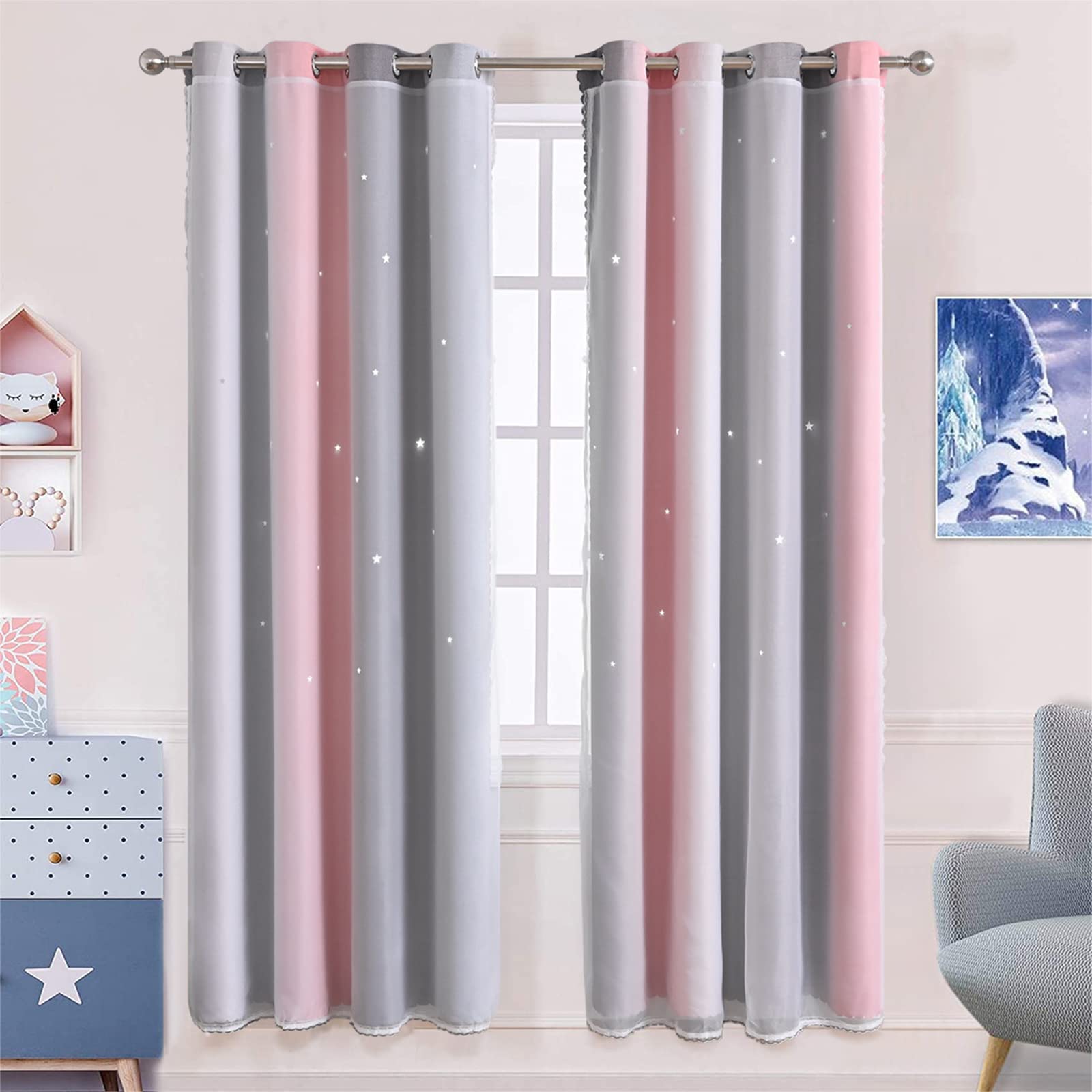 Nordic Style Gradient Blackout Curtains with Lace Hollow Star Design - Double Layer Insulated Thermal Drapes for Girls Bedroom, Kids Room & Living Room (2 Panels) - Perfect for Light Control & Home Decor