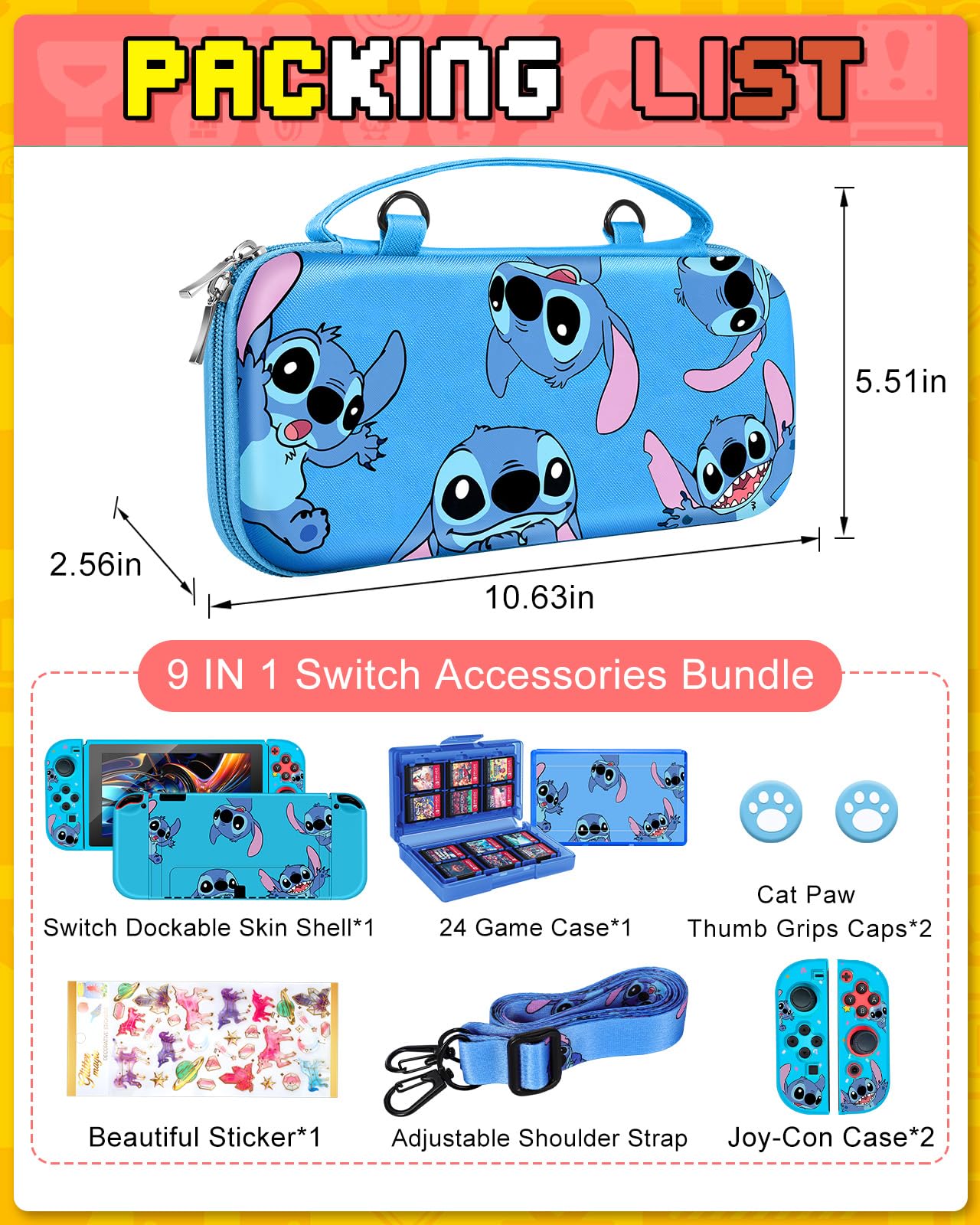 Xinocy 9-in-1 Nintendo Switch OLED Accessories Kit with Travel Case, Protective Cover, Game Holder, Joycon Shells & Thumb Grips - Perfect for Gaming On-The-Go, Travel Protection & Kids Gift (Pink/Blue)