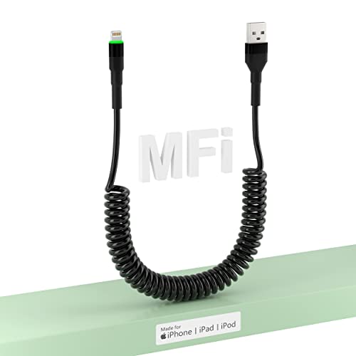 MFi Certified Coiled Lightning Cable with CarPlay - Short Retractable USB to Lightning Charger for iPhone | Fast Charging & Data Transfer | LED Indicator | Perfect for Car, Home & Office Use