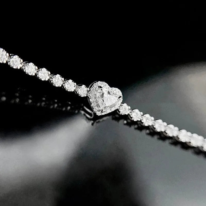 18K White Gold Heart Bracelet with Real Natural Diamonds - Romantic Engagement Jewelry for Women - Perfect for Parties, Anniversaries & Special Occasions