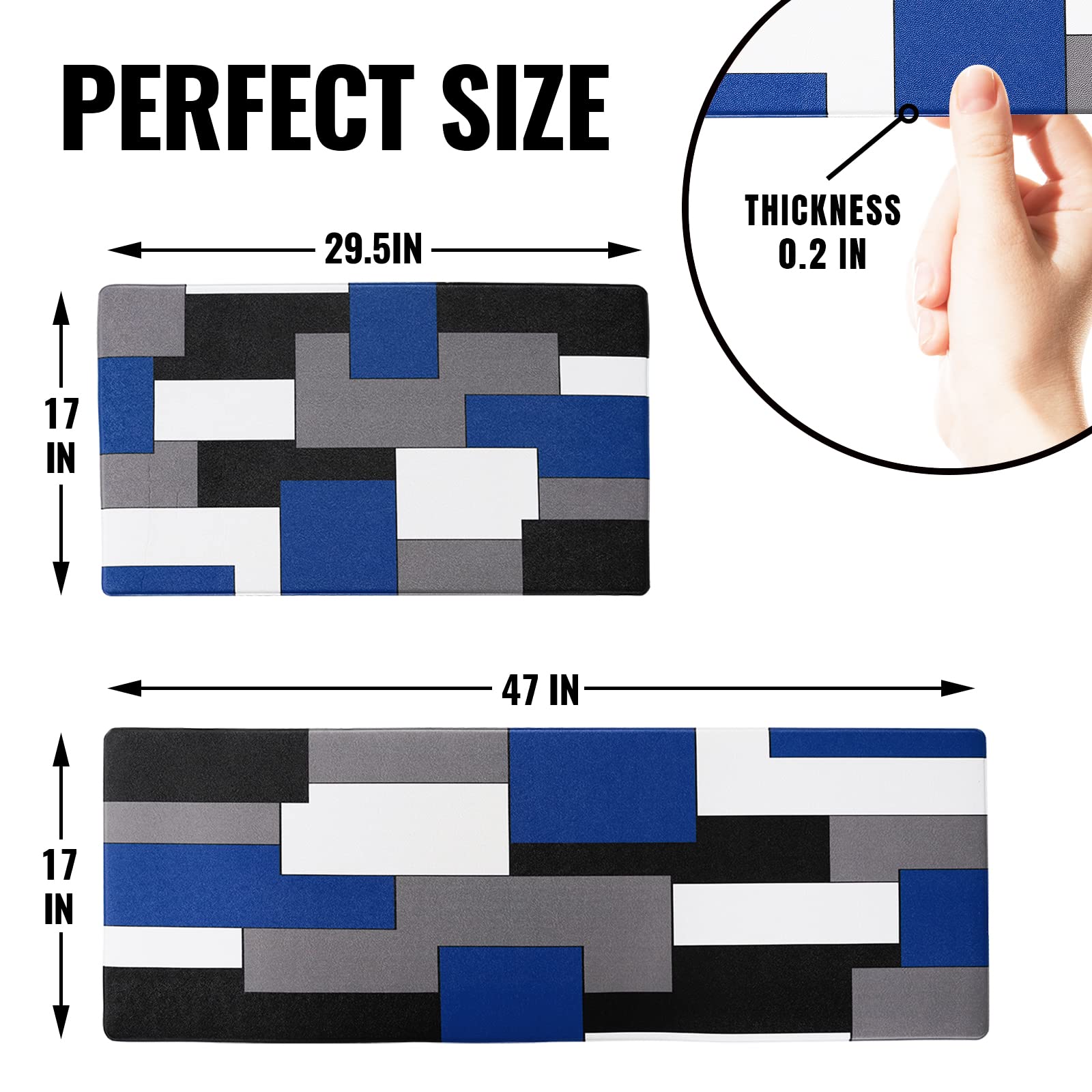 AILUER Non-Slip Kitchen Rugs Set of 2 - Blue & Black Geometric Design Cushioned Floor Mats for Kitchen, Laundry Room - 17.5