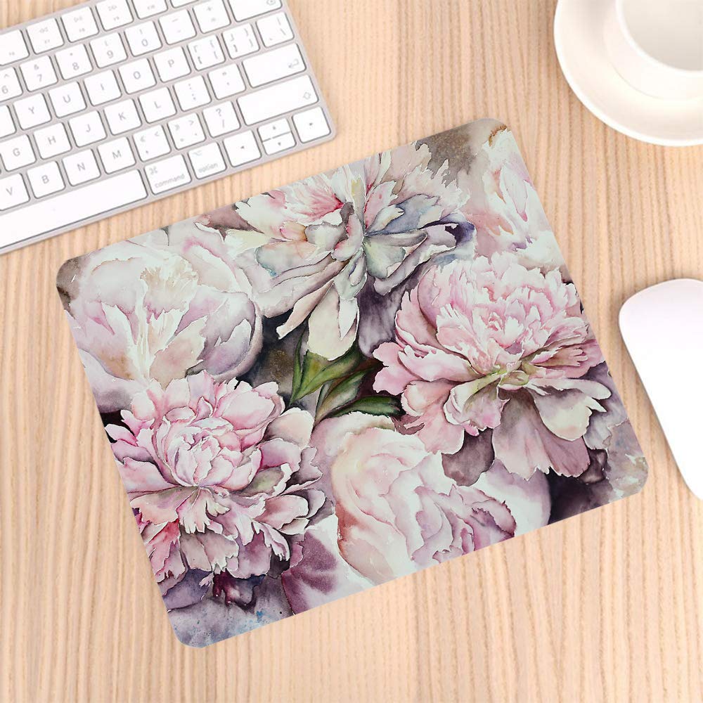 Watercolor Peonies Pink Flowers Gaming Mouse Pad - Non-Slip Rubber Base for PC, Laptop, Office & Home - 9.5 x 7.9 Inch Rectangle Mousepad - Perfect for Gaming Setups, Work Desks & Home Offices